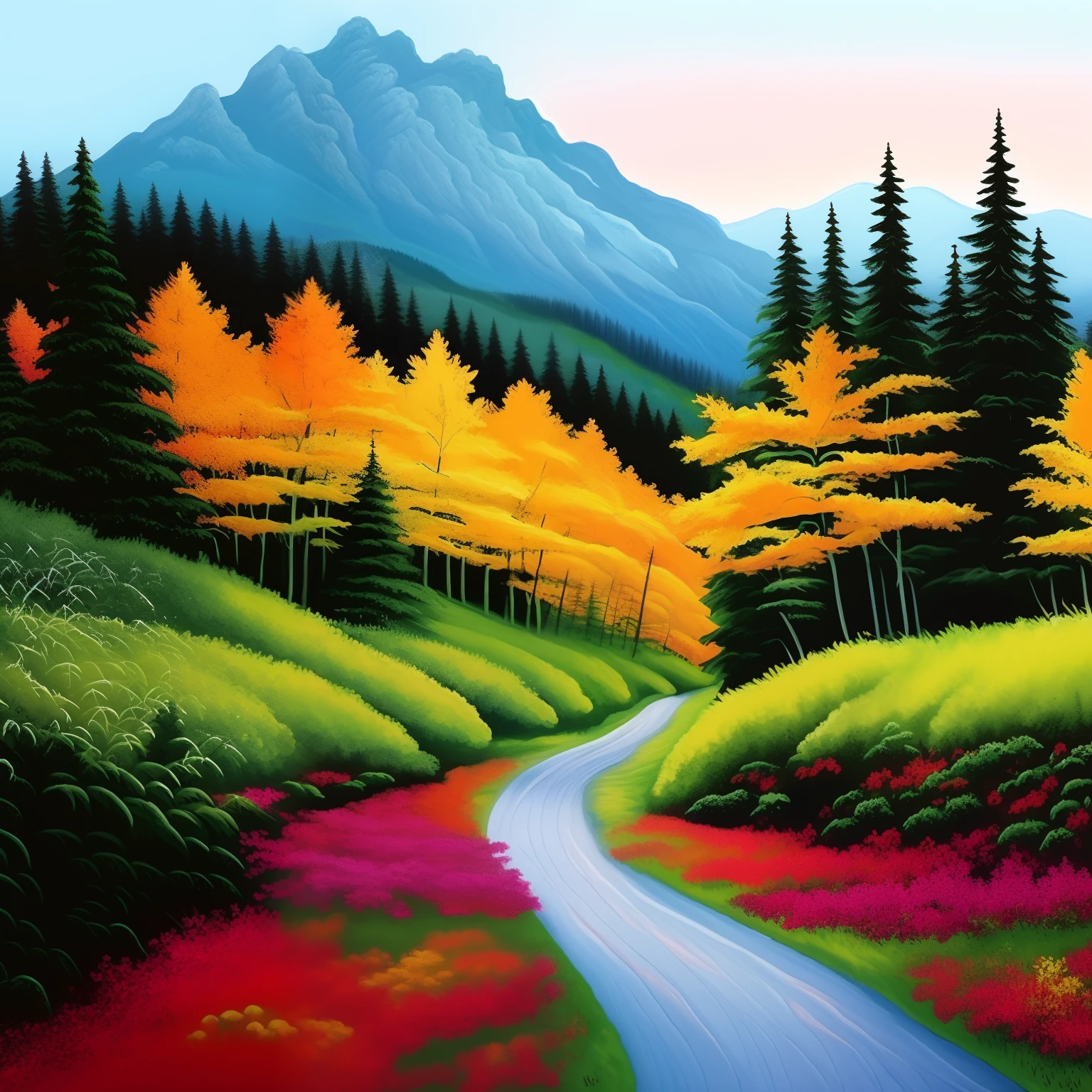 Mountain scenery、mountain road、illustratio、Landscape painting、Colored leaves