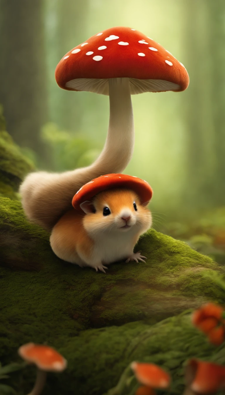 adorable creature，Semelhante a uma mistura de coelho e cenoura, 可爱, fofo, peludo, Felpudo, Floresta, Cogumelos, Wear a mushroom hat