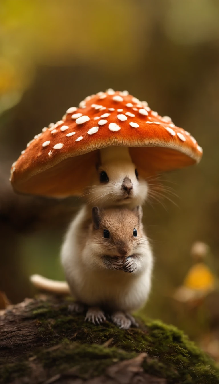 adorable creature,Semelhante a uma mistura de coelho e cenoura, 可爱, fofo, peludo, Felpudo, Floresta, Cogumelos, Wear a mushroom hat