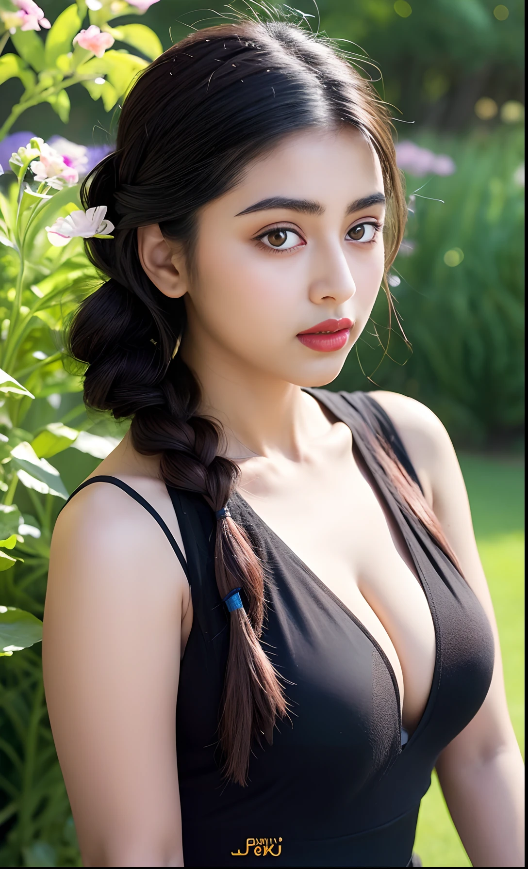 Indian female model janvi kapoor, look at viewer, French braid hair , flower Halter Dress, cleavage, garden landscape design, (rim light), dark red lips, big natural lips