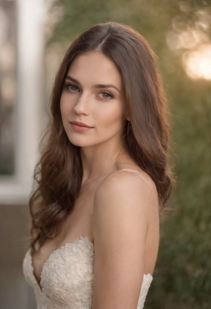 Uma jovem com rosto fino, of elegant and beautiful features, com idade de 23 anos, cabelos ruivos naturais, olhos castanhos, with medium breasts, cintura fica e bunda grande, modelando em um ambiente urbano, com vestis elegantes