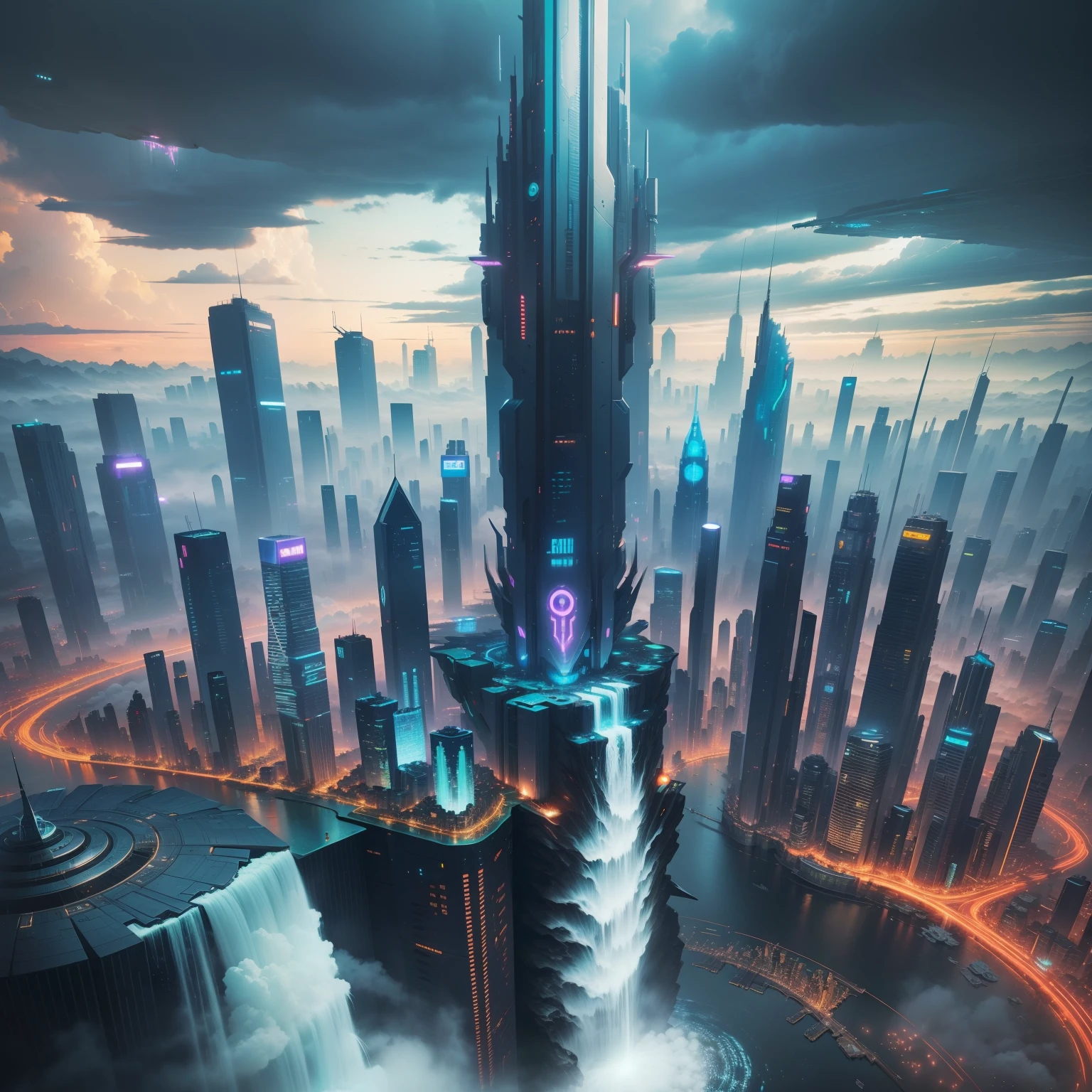 cyberpunked、futuristic cities、planet earth、A cyberpunk with skyscrapers that pierce through the clouds.SFart by、Utopian City、There is a super huge waterfall、Megacities、dream、top-quality、masterpiece、Beautiful cities of the future