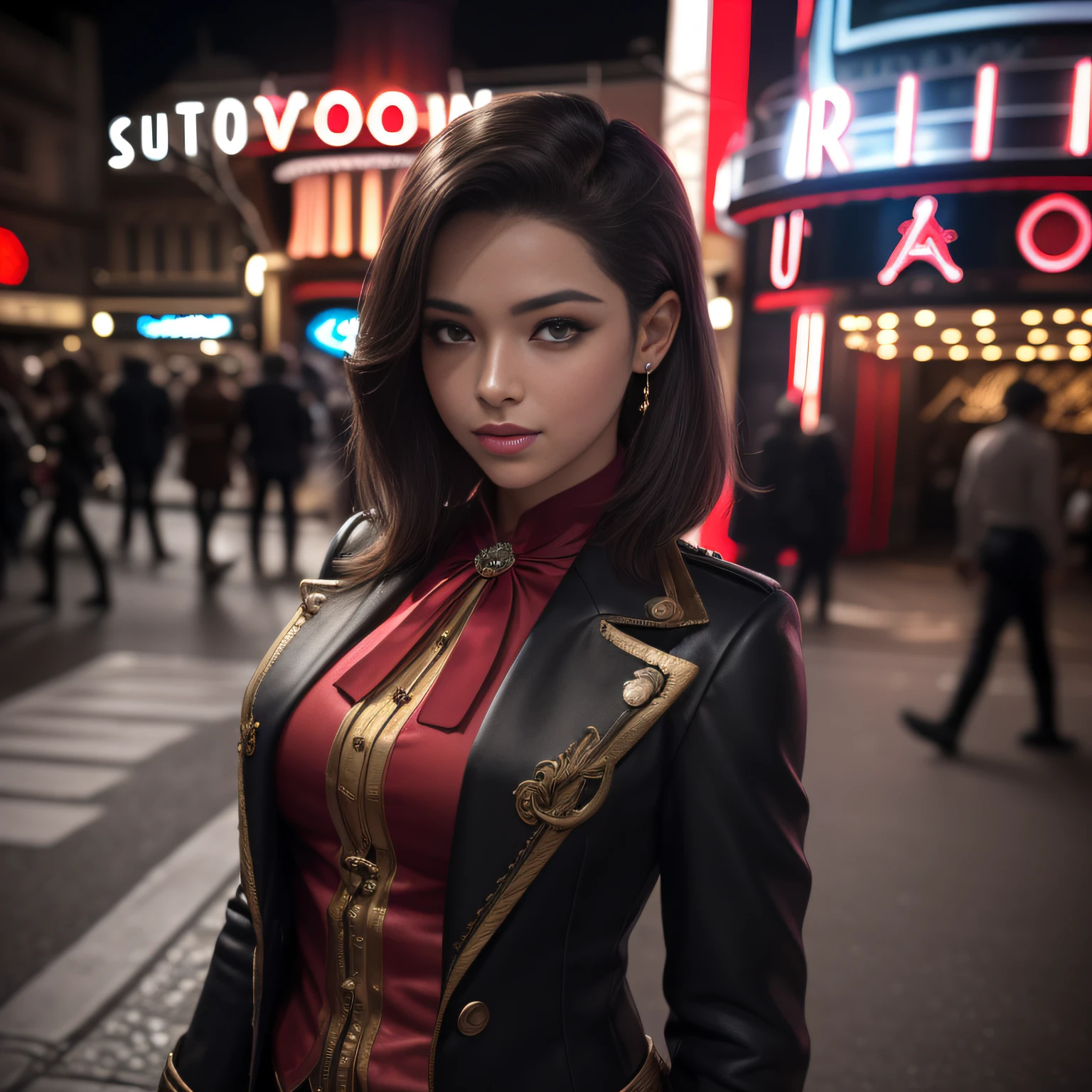 full shot, (((masterpiece:1 0)), (hyperrealism:1 5), High Detail RAW color Photo, Stunning jovem francesa, bonita, meninao, (fora da frente do moulin rouge), noite, tailcoat steampunk ringmaster vermelho, kalap, meias de renda, sapatos vermelhos, bengala, sorriso sedutor, sombra de olho smokey, pele de alto detalhe, olhos de alto detalhe, olhos sedutores, maquiagem smokey, cabelo loiro selvagem, corte ondulado com franja de cortina, cabelo de alto detalhe, cabelo ondulado longo, volumeric lighting, Ultra HD, raytracing, studio quality, octane render,