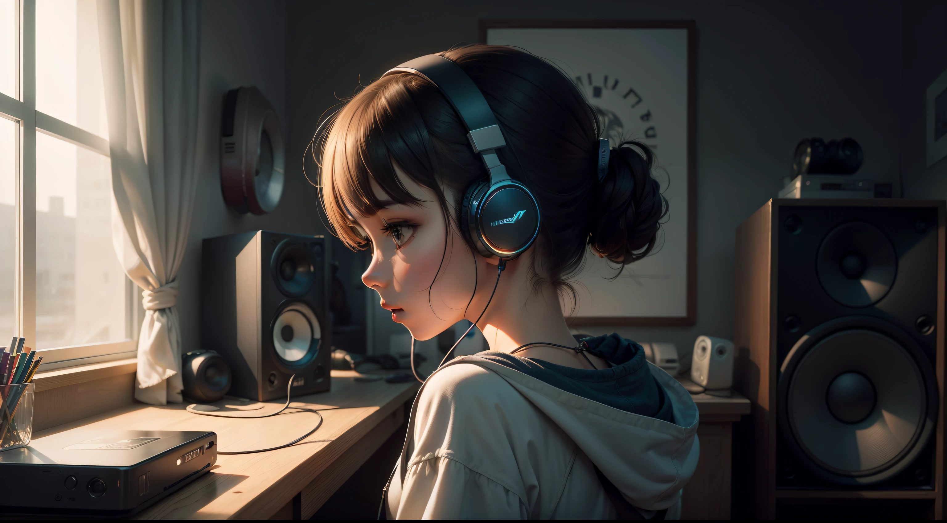 A girl in a room, listing to music, speakers, headphones, dark background, detailed, masterpiece