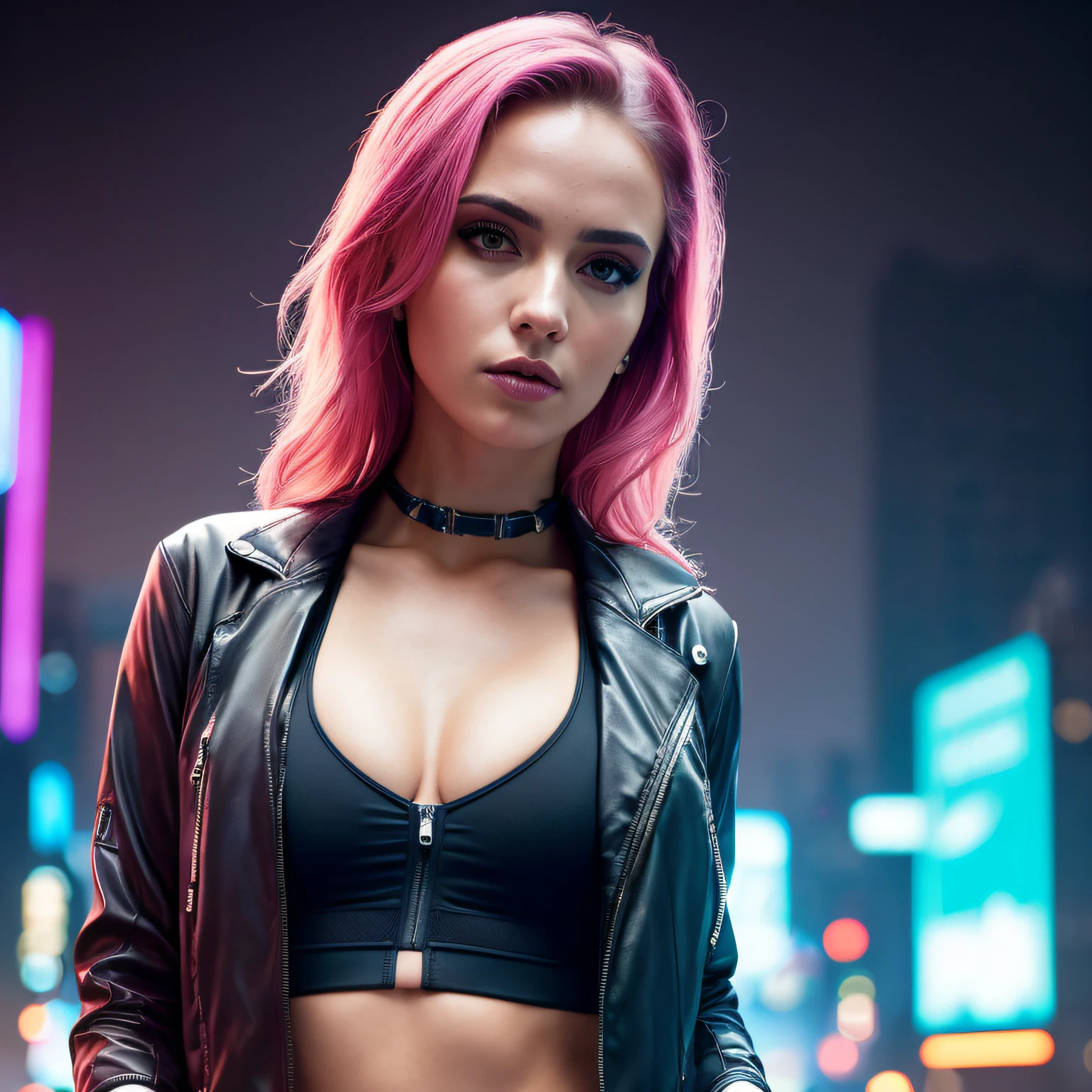 sports bra, sports jacket, sport pants, no panties, ( cyberpunk environment:1.2),makeup,, (1 girl:1.4),best quality, masterpiece, (realistic:1.2), young woman, a lady, detailed face, detailed eyes, detailed hair, detailed skin,look at viewer, dramatic, vibrant, sharp focus,50mm,F1.2, EOS R8,(3/4 body:1.2),standing,(complex background:1.6),(Best quality details:1.2),8K High definition,