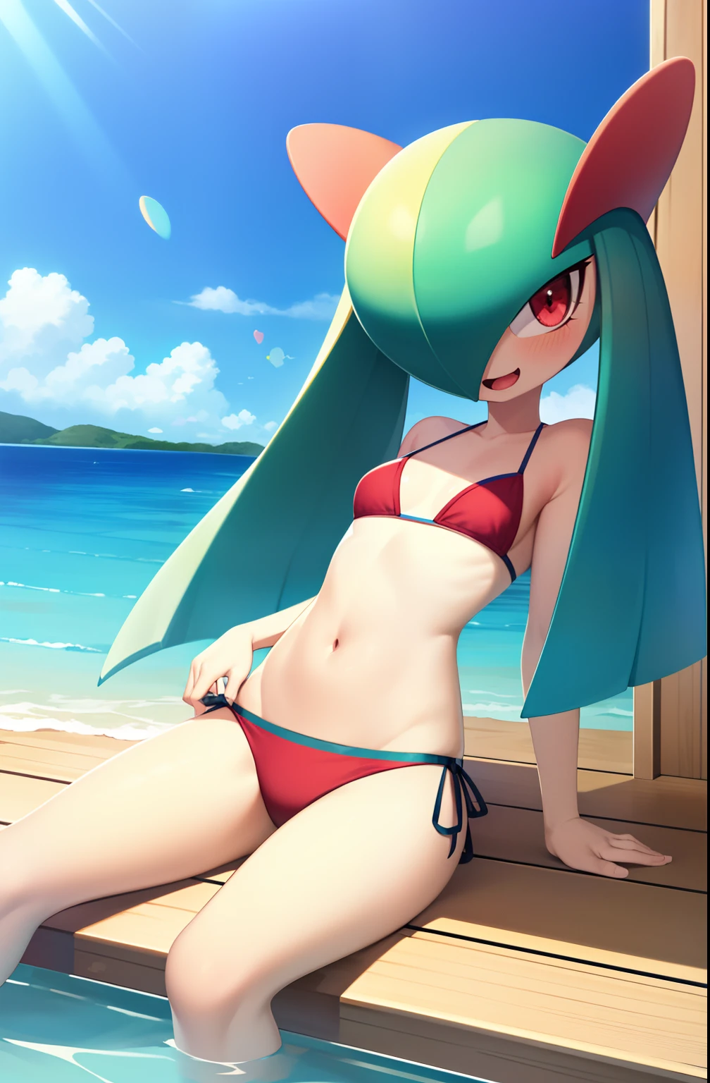obra maestra, mejor calidad, 1 girl in, solo, kirlia, cabello azul, shiny kirlia, ojos rojos, en un yate, riendo, bikini, bikini de dos piezas, senos grandes, senos femeninos grandes y redondos, (((embarazada))), bikini rojo.