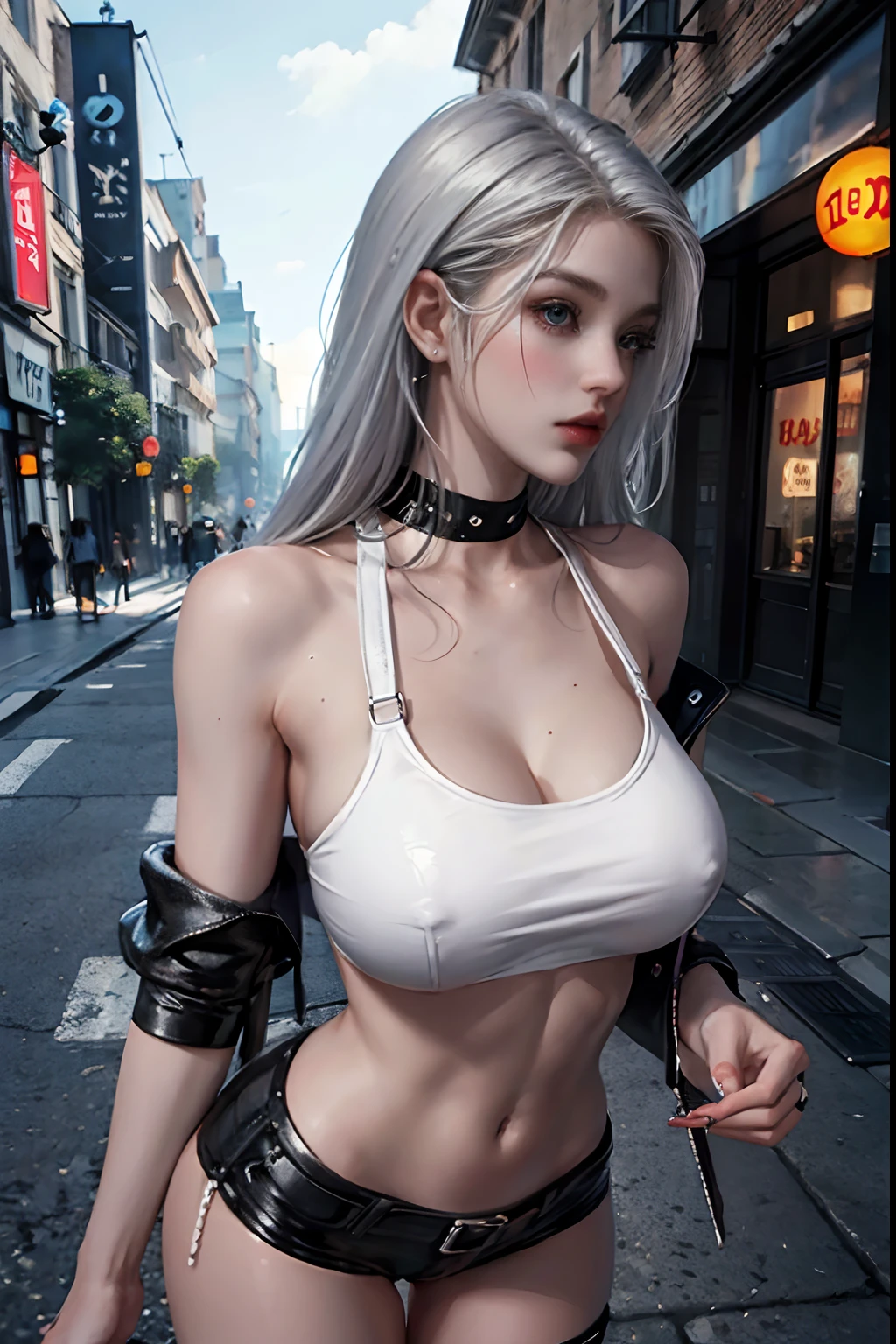 finely detailed beautiful eyes, overhead view, high quality, beautiful face, 1 woman, side view, side silhouete, wide shot, white crop top, leather short shorts, black shorts, oversized leather jacket, open shoulders, silver hair, large breasts, long hair, wide hips, leaning to the side, street, background, detailed background, abs