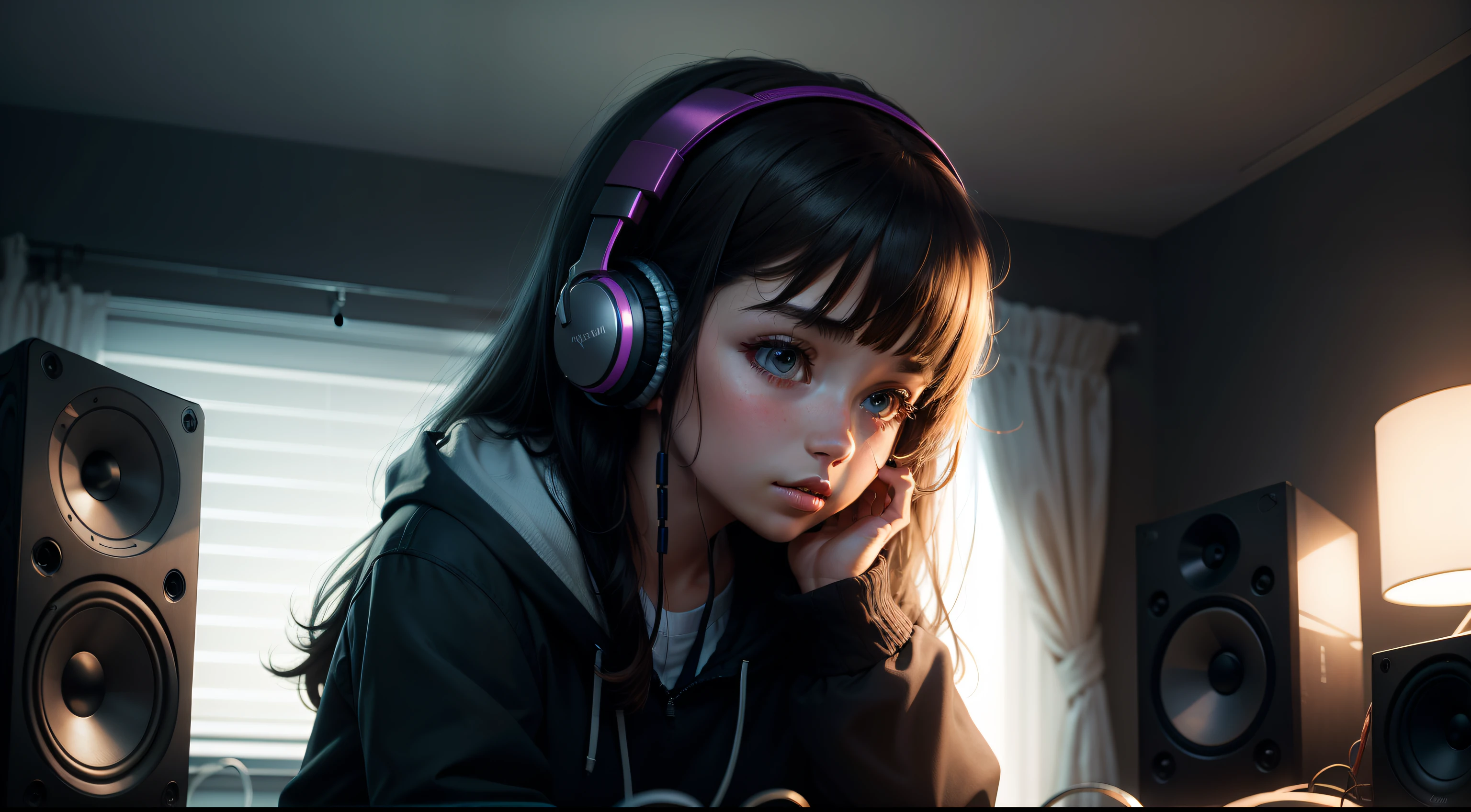 A girl in a room, listing to music, speakers, headphones, dark background, detailed, masterpiece