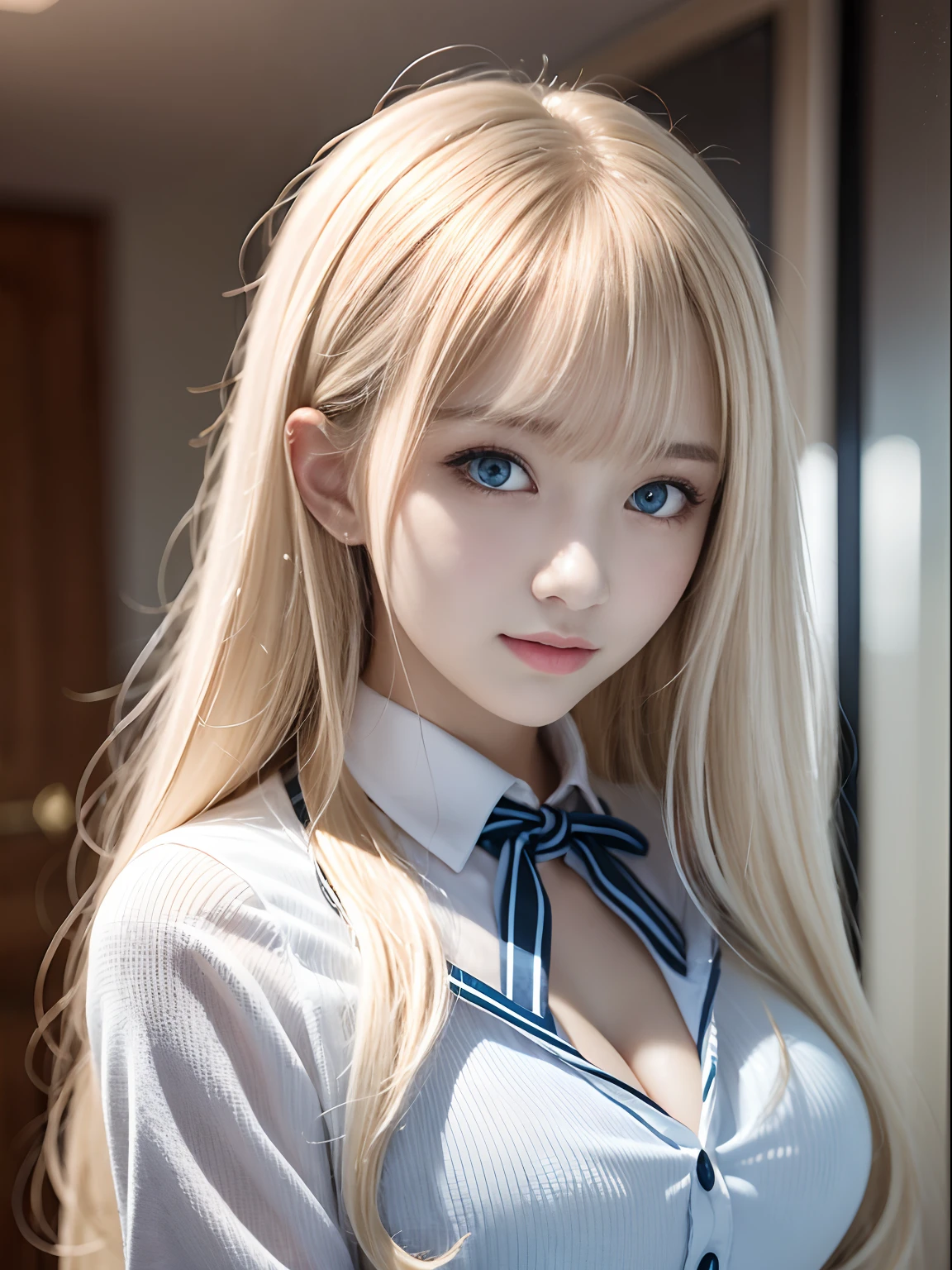 portlate、School Uniforms、bright expression、Young shiny shiny white shiny skin、Best Looks、Blonde reflected light、Platinum blonde hair with dazzling highlights、shiny light hair,、Super long silky straight hair、Beautiful bangs that shine、Glowing crystal clear attractive big blue eyes、Very beautiful nice cute 16 year old girl、Lush bust、