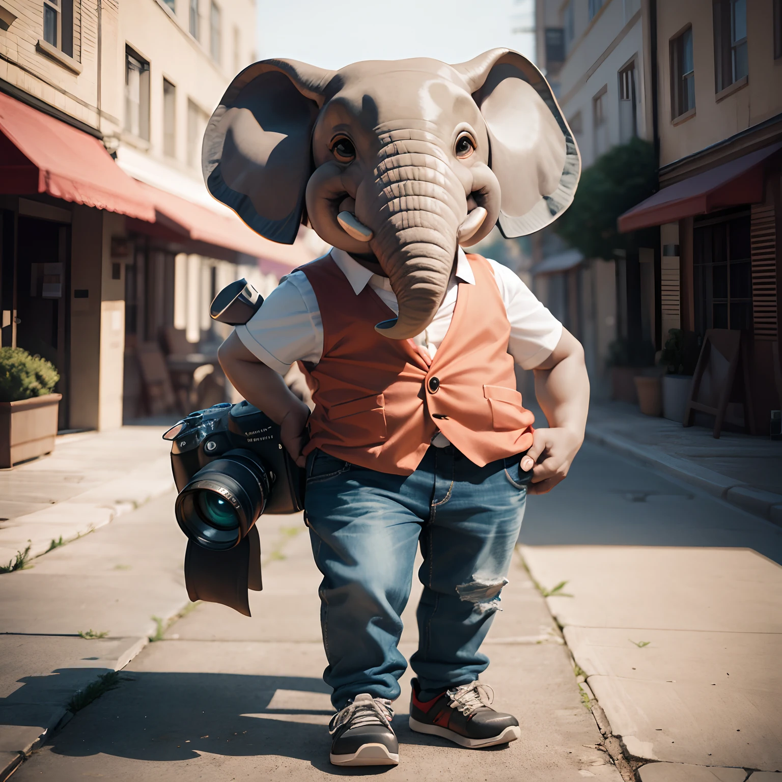 Cartoon elephant holding camera in vest，anthropomorphic turtle，3D image，Brand IP image，adolable，Frontal angle，Bust photo，Flattening