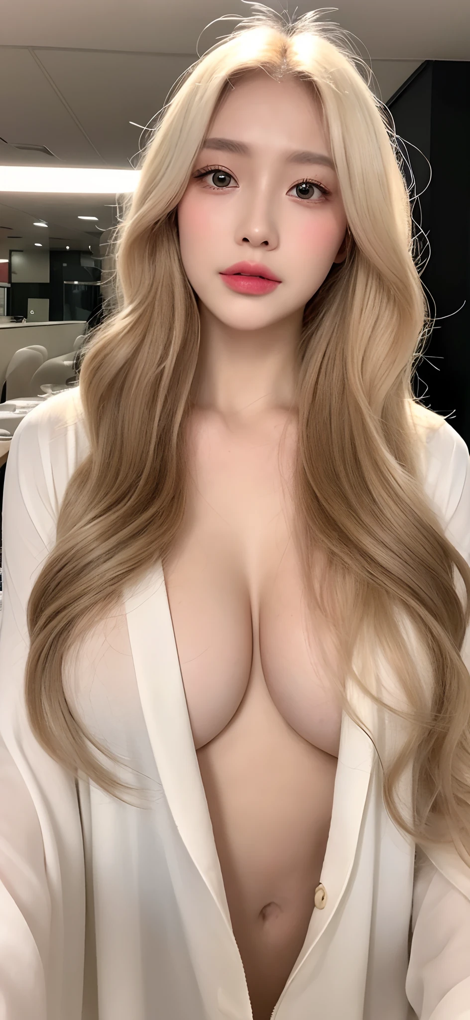 8k, Top image quality、Raw photography、超A high resolution、18-year-old Korean、Glasses beauty、Colossal tits:1.3、cleavage of the breast:1.5 、(transparent)、open shirt show nipples , ((naked)), naked, (detailed nipples ), (detailed vagina), fair white skin、shiny white skin、(wavy blonde hair)、bright silver hair、bright white hair、Beautiful eyes with random colors、very thin lips、beautiful eyes finely detailed、elongated eyes、pale pink blush、long eyeslashes、Beautiful double eyelids、eyeshadows、耳Nipple Ring、Company Office、Fashionable glasses、Lighting that emphasizes beautiful skin、Lustrous skin
