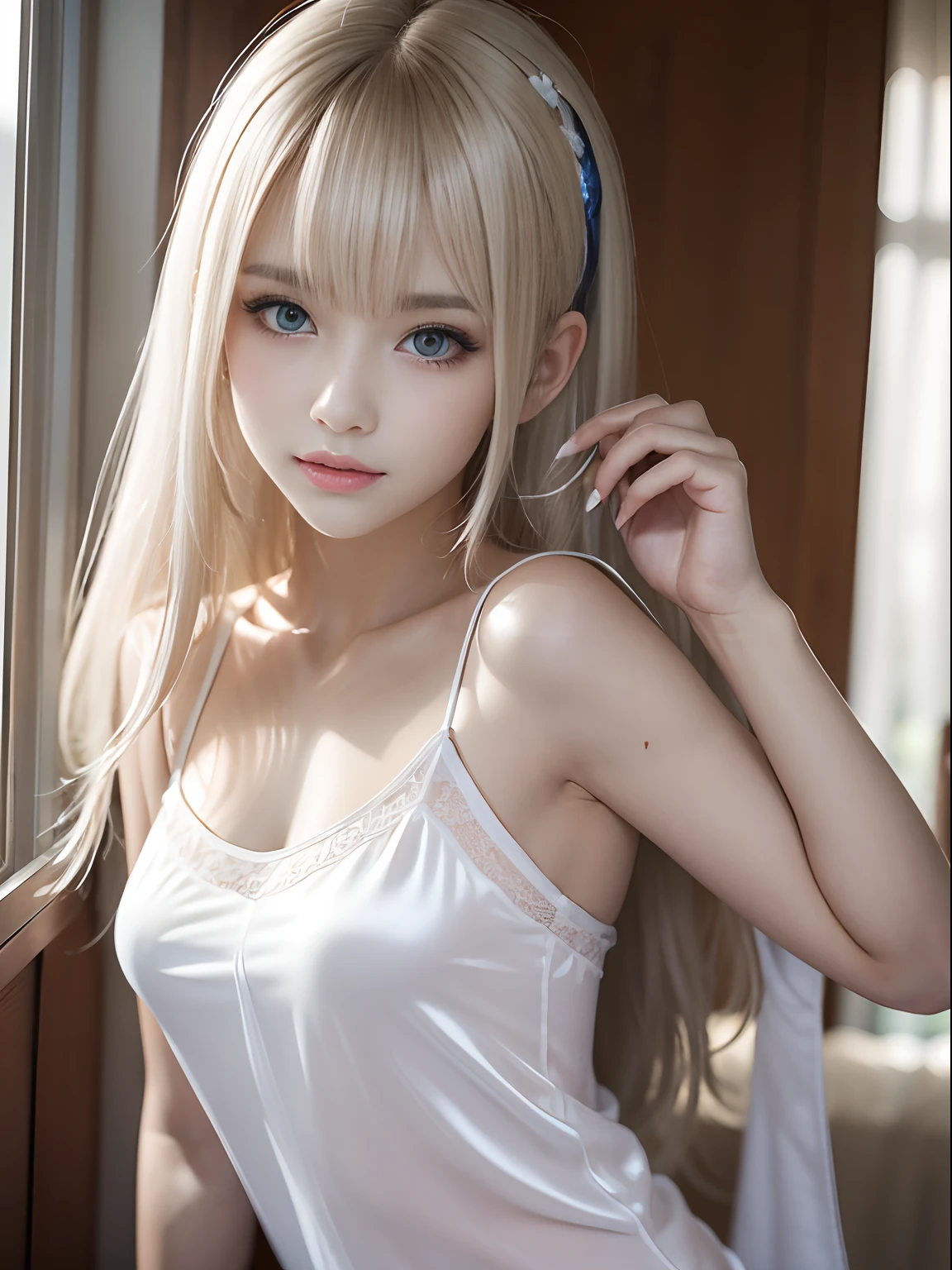 top-quality、​masterpiece、超A high resolution、(Photorealsitic:1.4)、1girl in、Shoulder、enticing、looking in camera、smil,white  hair、Colossal tits、Healthy skin、Delicate skin、