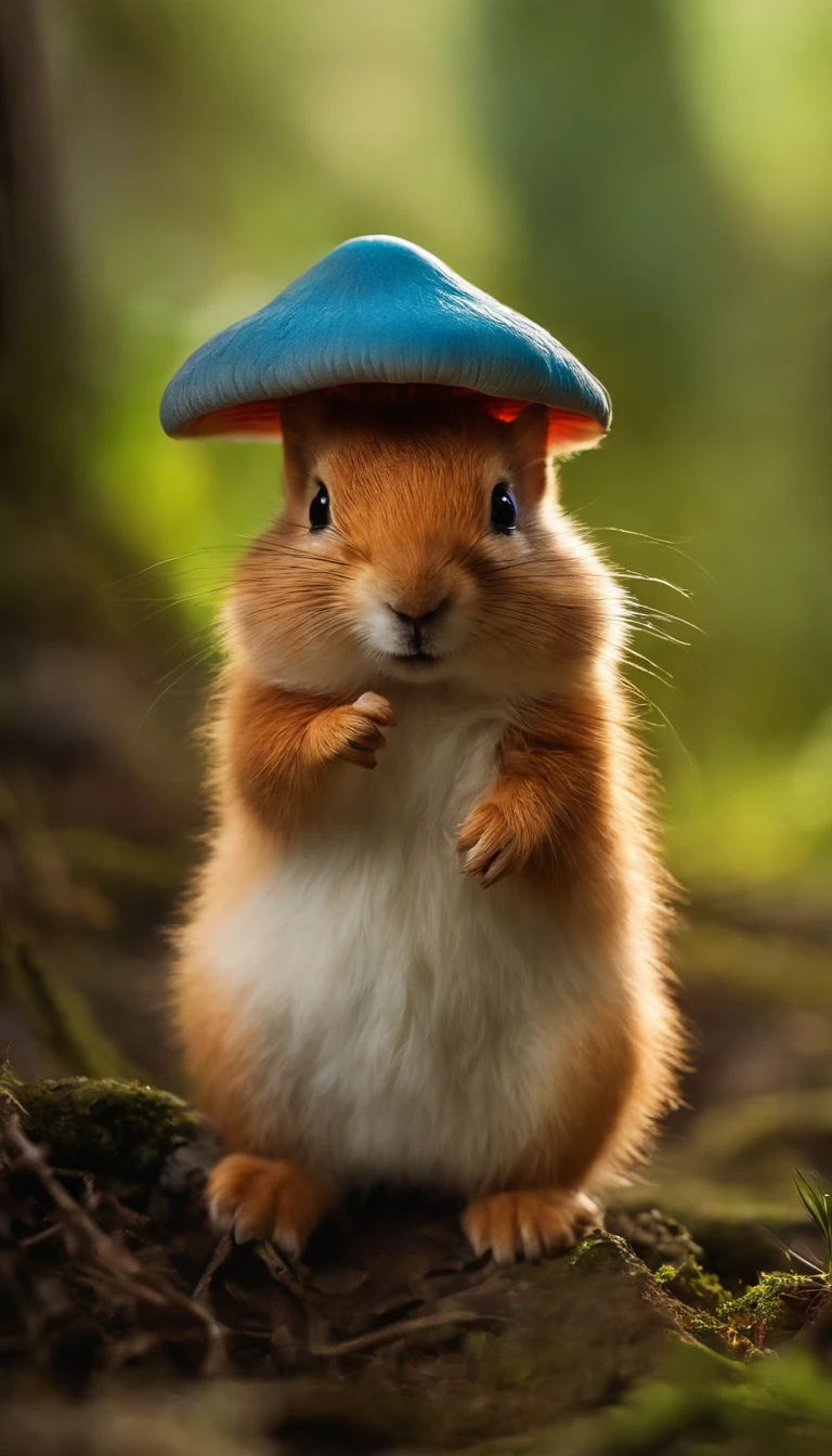 adorable creature,Semelhante a uma mistura de coelho e cenoura, 可爱, fofo, peludo, Felpudo, Floresta, Cogumelos, Wear a mushroom hat