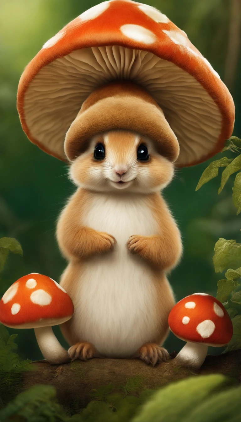 adorable creature,Semelhante a uma mistura de coelho e cenoura, 可爱, fofo, peludo, Felpudo, Floresta, Cogumelos, Wear a mushroom hat