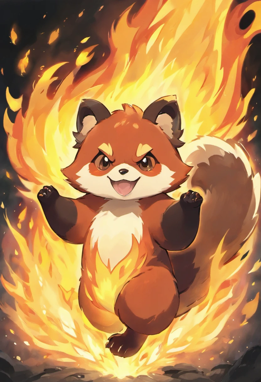 red panda,pokemon,fire powers,flames,burning fur,golden flames,bright red fur,sharp claws,long tail,fire tail,ferocious look,energetic pose,fiery eyes,fierce expression,powerful stance,agile movements,forest background,dappled sunlight,smoke and embers,towering flames,inferno,fire effects,intense heat,dramatic lighting,combustion,blazing inferno,sparkling embers,vivid colors,aesthetic painting style,high saturation,warm color palette,glowing reds,dynamic composition,expressive brush strokes,detailed fur texture,meticulous detailing,realistic rendering,authentic fur patterns,high resolution,photo-realistic,eye-catching artwork,extraordinary abilities,strong emphasis on fire element,legendary creature,vibrant energy,passionate flames,awe-inspiring power,awe-inspiring presence