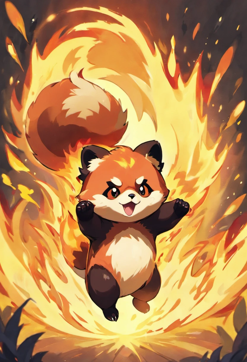 red panda,pokemon,fire powers,flames,burning fur,golden flames,bright red fur,sharp claws,long tail,fire tail,ferocious look,energetic pose,fiery eyes,fierce expression,powerful stance,agile movements,forest background,dappled sunlight,smoke and embers,towering flames,inferno,fire effects,intense heat,dramatic lighting,combustion,blazing inferno,sparkling embers,vivid colors,aesthetic painting style,high saturation,warm color palette,glowing reds,dynamic composition,expressive brush strokes,detailed fur texture,meticulous detailing,realistic rendering,authentic fur patterns,high resolution,photo-realistic,eye-catching artwork,extraordinary abilities,strong emphasis on fire element,legendary creature,vibrant energy,passionate flames,awe-inspiring power,awe-inspiring presence