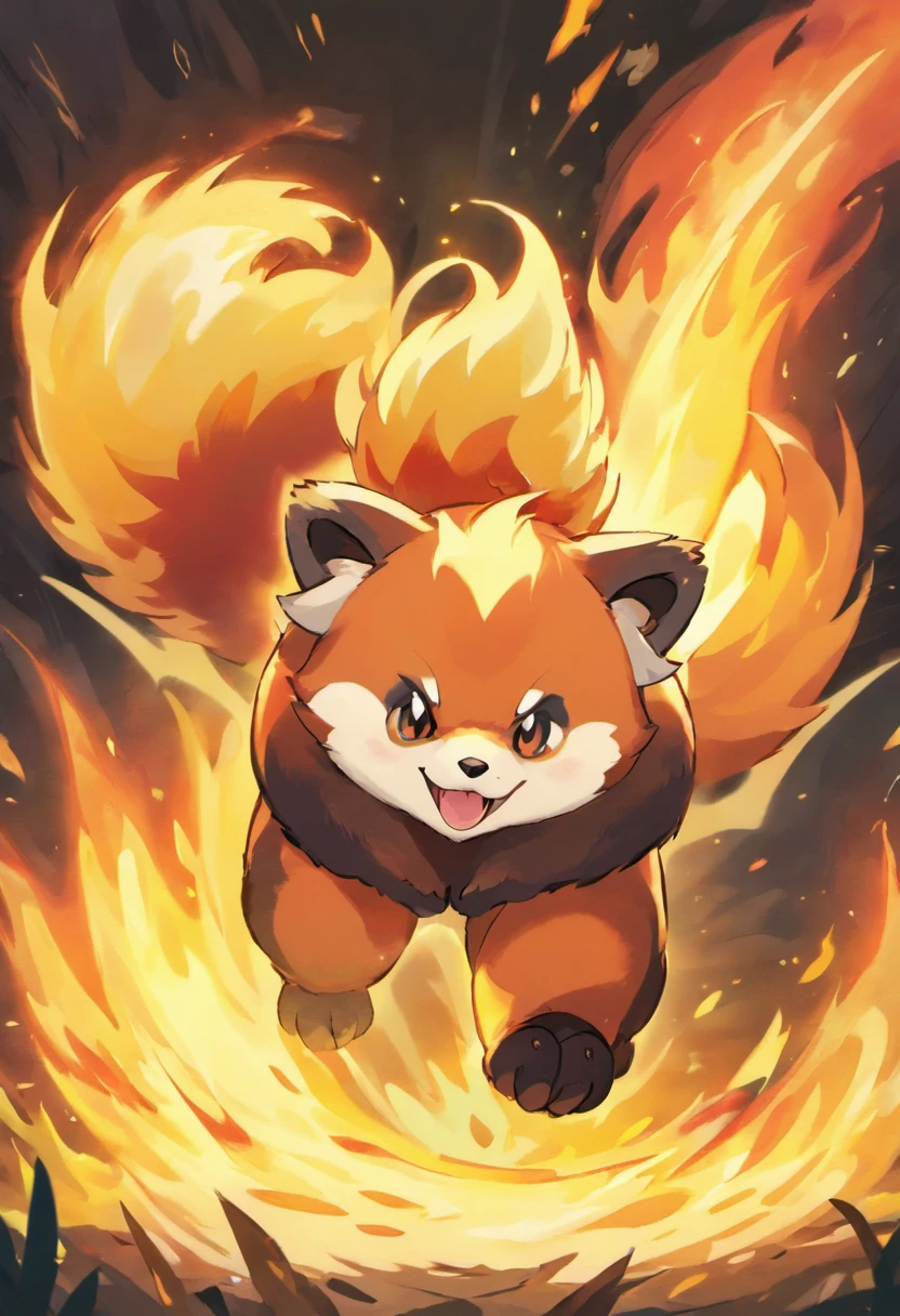 red panda,pokemon,fire powers,flames,burning fur,golden flames,bright red fur,sharp claws,long tail,fire tail,ferocious look,energetic pose,fiery eyes,fierce expression,powerful stance,agile movements,forest background,dappled sunlight,smoke and embers,towering flames,inferno,fire effects,intense heat,dramatic lighting,combustion,blazing inferno,sparkling embers,vivid colors,aesthetic painting style,high saturation,warm color palette,glowing reds,dynamic composition,expressive brush strokes,detailed fur texture,meticulous detailing,realistic rendering,authentic fur patterns,high resolution,photo-realistic,eye-catching artwork,extraordinary abilities,strong emphasis on fire element,legendary creature,vibrant energy,passionate flames,awe-inspiring power,awe-inspiring presence