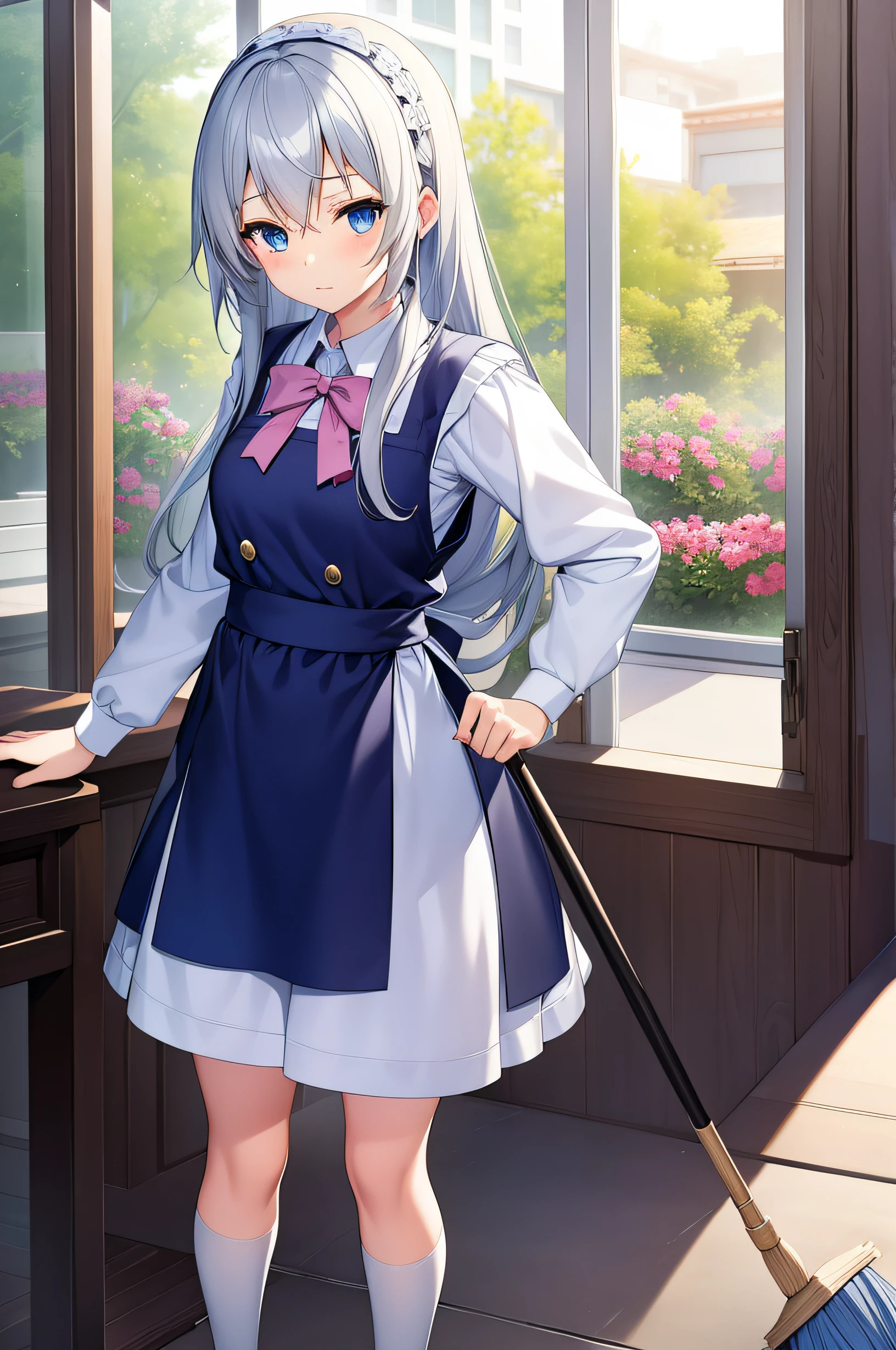Anime girl with long gray hair and blue eyes holding a broom, anime moe art style, a hyperrealistic schoolgirl, Smooth Anime CG Art, clean detailed anime art, a hyperrealistic schoolgirl, clean anime art, Realistic Schoolgirl, anime girls in maid costumes, maid clothes, Anime visuals of cute girls, high detailed official artwork, loli in dress、Cleaning with a broom