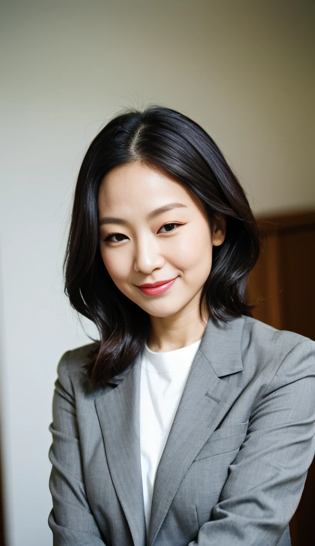 masterpiece,best quality, (1 milf), ((close up:0.5)), ((cross arms)), glare, gray blazer, white shirt, double eyelid, eyelash, lip gloss, (smile:1), ((close eyes:0.85)), ((Looking at Viewer)), RAW, (from above:0.2), ((nobody)), office,