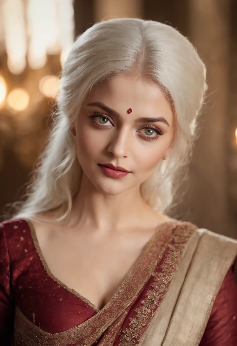 Aishwarya Rai, (((a deep reddish wound crosses her left cheek))) fair complexion, woman around 19 years old, natural white hair, distinctive green eyes, wearing kohl, slender and graceful, beautiful, candlelight in a medieval setting, ultra sharp focus, realistic shot, medieval female clothes, tetradic colors (scar:1.4)