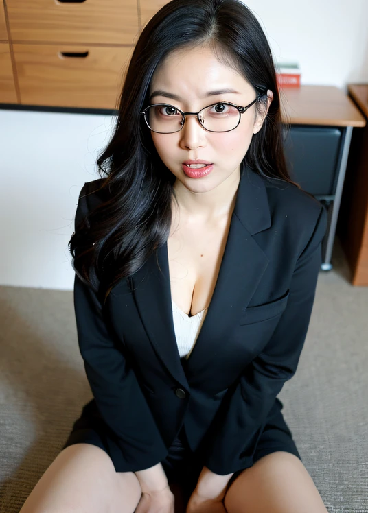 ((Best Quality, 8k, Masterpiece, Portrait: 1.3)), (looking at viewer),Photorealistic, Sharp Focus, glare, beautiful Japan Office Lady, glasses, gray blazer, white shirt, Clothes with big Cleavage View, 35 Years Old, Wavy Hair, ((double eyelid, eyelash, lip gloss)), (Wrinkles at the Corners of the Eyes:0.6), ((Sit with Open your legs wide on office chair:2, two knees up, show off pubic)), (loose waist:1),((Show Panties what stained on pubic part:1)), (pubichair:1.5), (open mouth:0.7), (angry:0.5), ((open mouth:1)), Darkness Nobody Office Room,