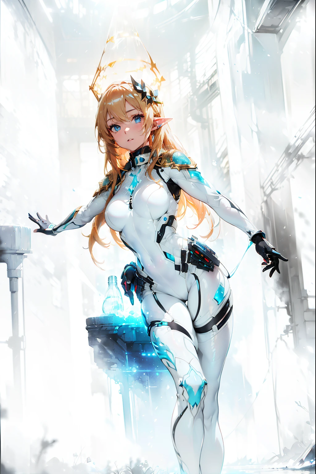 Elf with golden hair, intricate perfect beauty face, detailed sharp galaxy glowing eyes, detailed face, (((from face to the waist))), (((beauty shape))), ((in realistic white neon-lit sci-fi plugsuit costume)), masterpiece, 4k, UHD (((wearing golden gloves with hyper realistic and detailed black)))