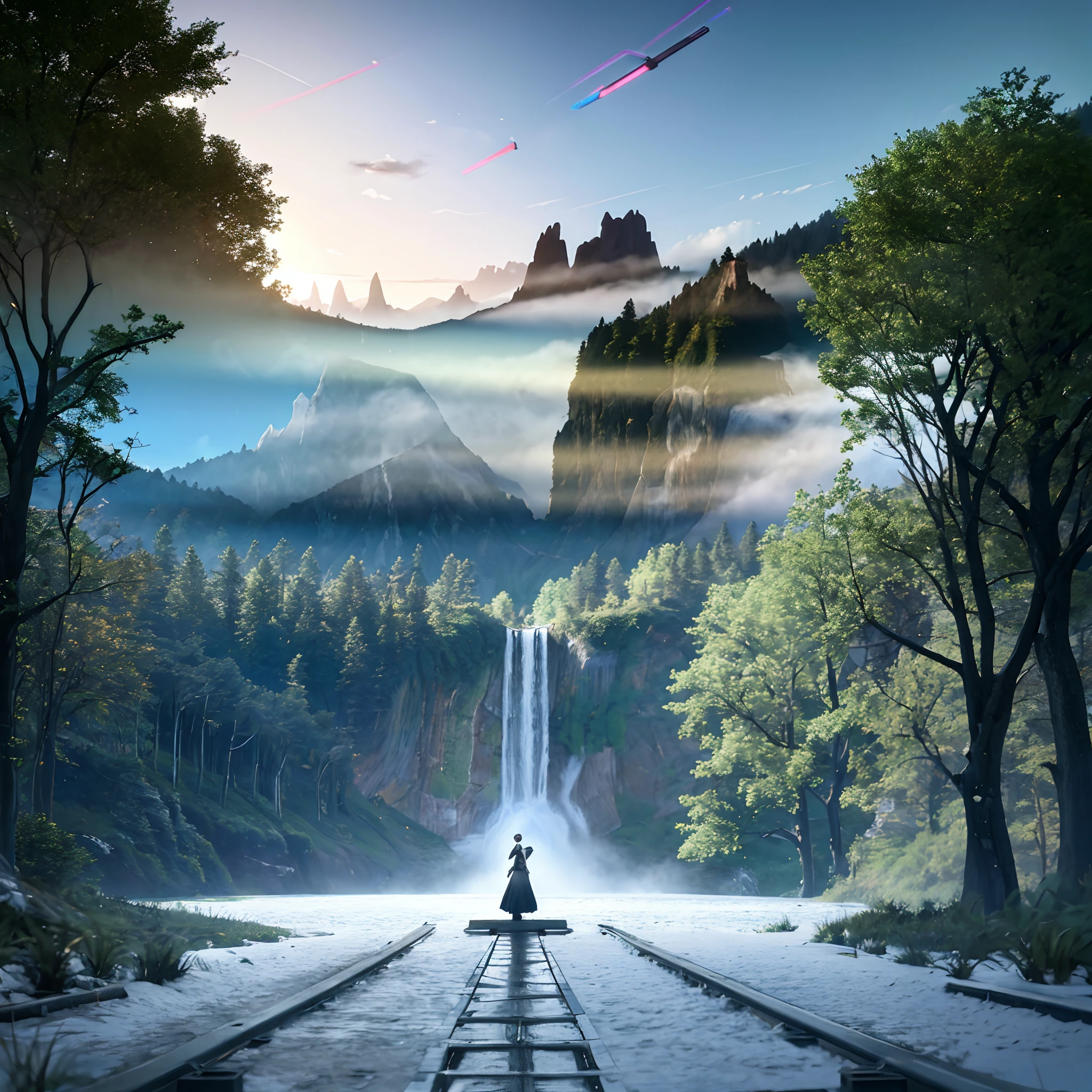 Analog style,ChromaV5,nvinkpunk,(extremely detailed CG unity 8k wallpaper),An image of a majestic river, trees on the sides, tiny waterfall, intense fog ,award winning photography, Chromatic Aberration, Detailed , HDR, Bloom, style by Monet, Pissarro, and Sisley ,trending on ArtStation, trending on CGSociety, art by midjourney