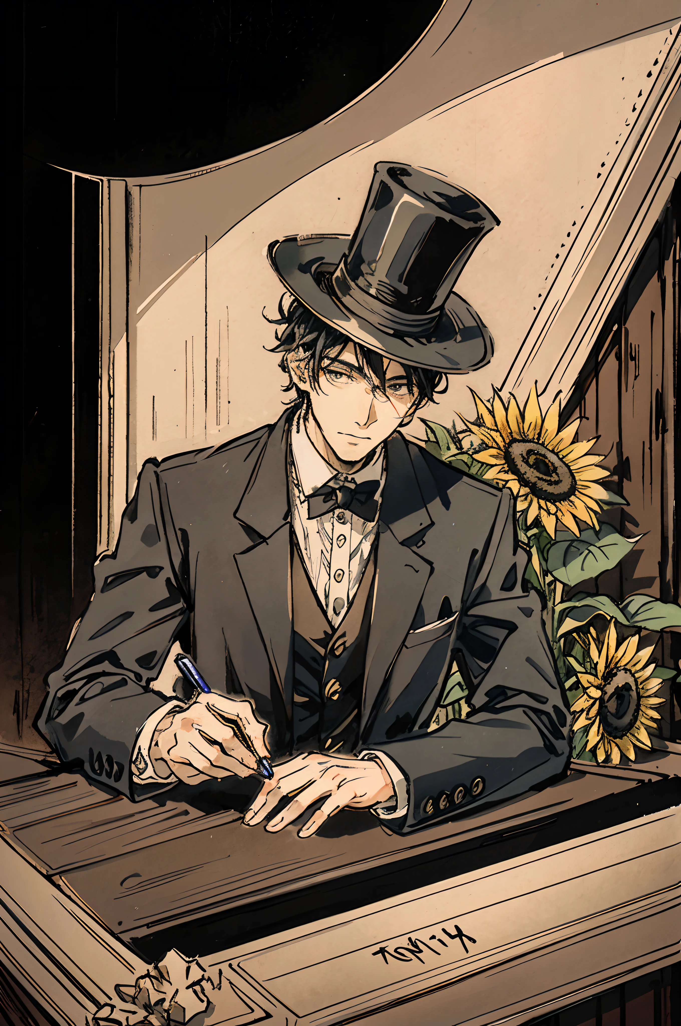 A mature writer writing a book wearing a black coat, top hat, and sunflower attached to his top hat. mature in his 30s and mysterious looking