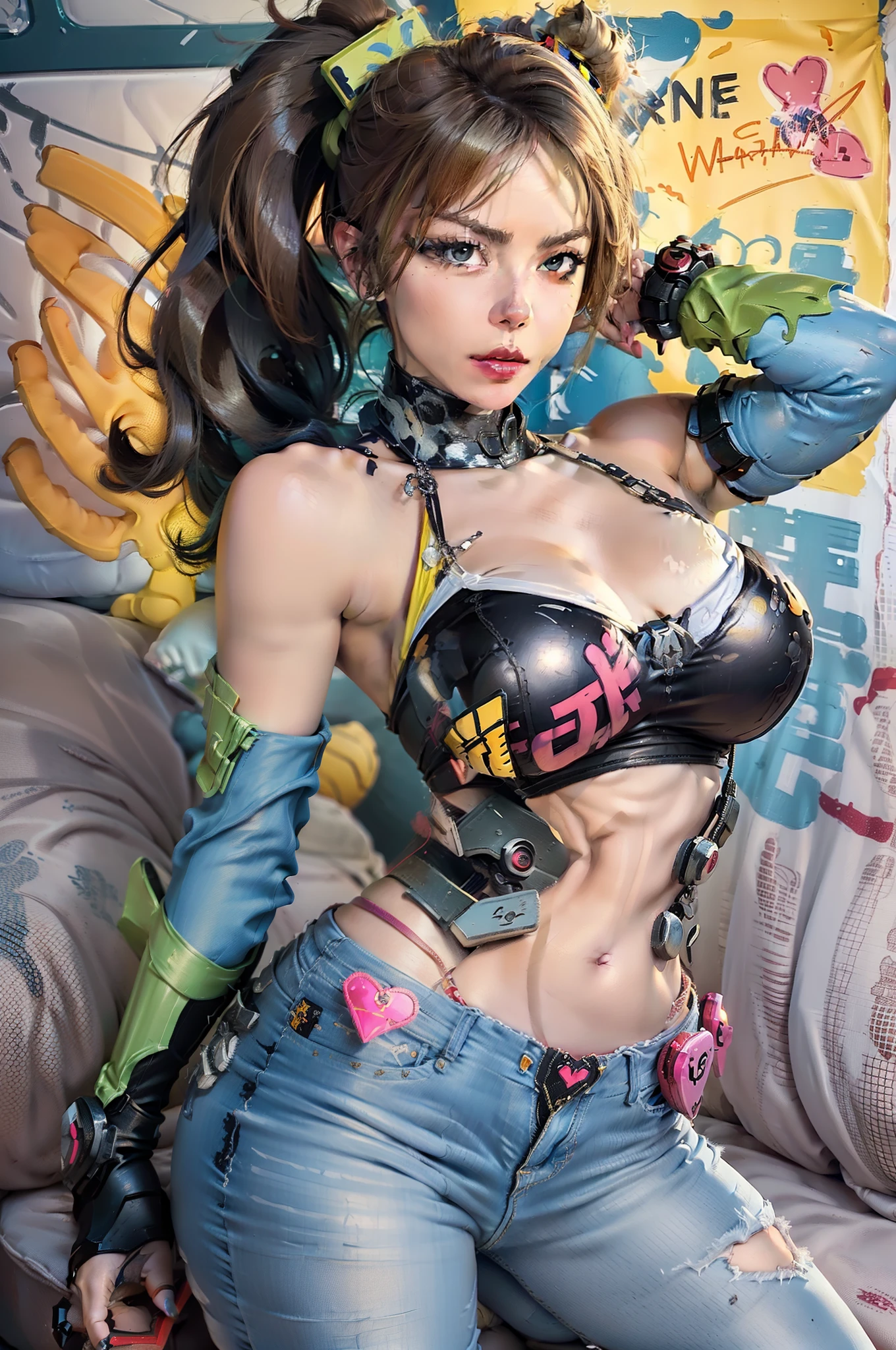 a cartoon picture of a woman in a bikini and tight jeans, cutesexyrobutts, faye valentine, brigitte from overwatch, extremely detailed artgerm, android 18, oppai, oppai cyberpunk, oppai proportions, lola bunny fanart, art cover, a human-like juicy peach, commission for high res, lovely brigitte from overwatch