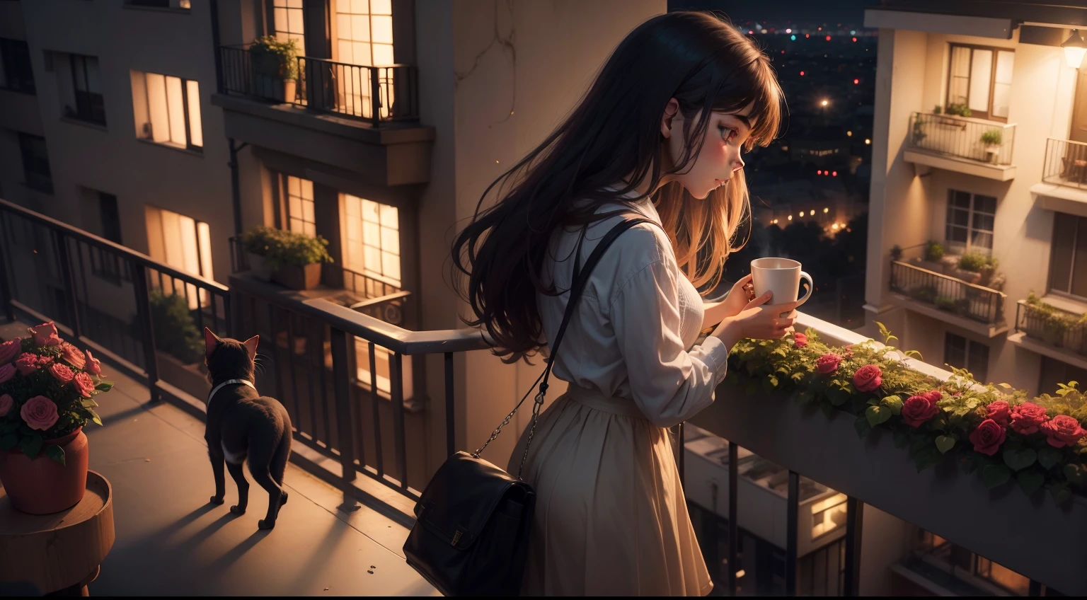 A girl setting on a balcony, city in the front, cat, coffee, speakers, flower vases, night