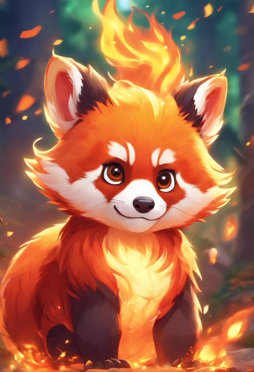 red panda,pokemon,fire powers,flames,burning fur,golden flames,bright red fur,sharp claws,long tail,fire tail,ferocious look,energetic pose,fiery eyes,fierce expression,powerful stance,agile movements,forest background,dappled sunlight,smoke and embers,towering flames,inferno,fire effects,intense heat,dramatic lighting,combustion,blazing inferno,sparkling embers,vivid colors,aesthetic painting style,high saturation,warm color palette,glowing reds,dynamic composition,expressive brush strokes,detailed fur texture,meticulous detailing,realistic rendering,authentic fur patterns,high resolution,photo-realistic,eye-catching artwork,extraordinary abilities,strong emphasis on fire element,legendary creature,vibrant energy,passionate flames,awe-inspiring power,awe-inspiring presence