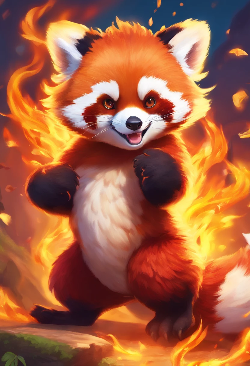 red panda,pokemon,fire powers,flames,burning fur,golden flames,bright red fur,sharp claws,long tail,fire tail,ferocious look,energetic pose,fiery eyes,fierce expression,powerful stance,agile movements,forest background,dappled sunlight,smoke and embers,towering flames,inferno,fire effects,intense heat,dramatic lighting,combustion,blazing inferno,sparkling embers,vivid colors,aesthetic painting style,high saturation,warm color palette,glowing reds,dynamic composition,expressive brush strokes,detailed fur texture,meticulous detailing,realistic rendering,authentic fur patterns,high resolution,photo-realistic,eye-catching artwork,extraordinary abilities,strong emphasis on fire element,legendary creature,vibrant energy,passionate flames,awe-inspiring power,awe-inspiring presence