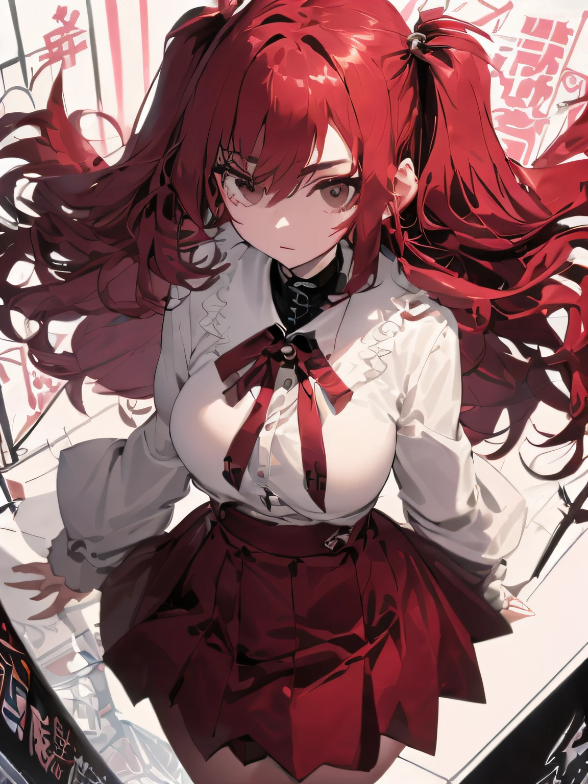 (masterpiece、top-quality),(comic book style),(linear art_Anime),(masutepiece, Best Quality, ),(Laura Bad Picture:1.2),(Lora Add Details:1.2),Highly detailed flat color:0.8, 8K,1 girl in,hi-school girl、high-school uniform、dark red hair、Longhaire、dark brown eyes、school background