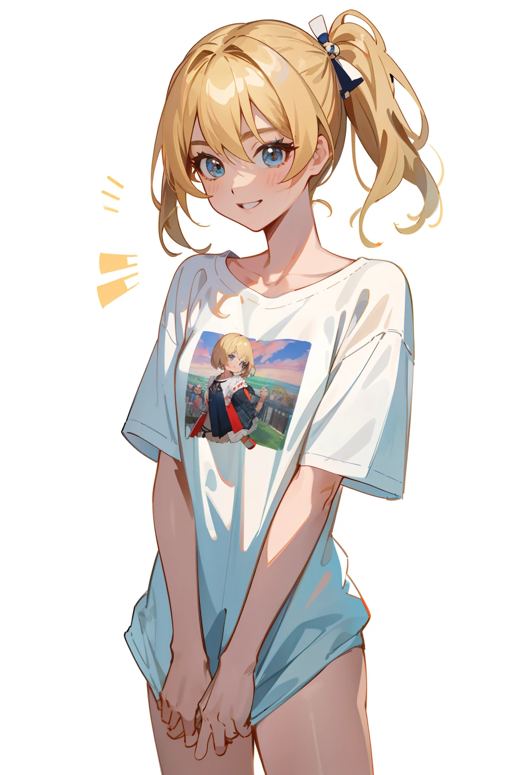 (8k、top-quality、top-quality、masterpiece、ighly detailed: 1.2)、 1 人、The upper part of the body、A woman has an (Margot Robbie) Similar to、I'm wearing my boyfriend's shirt and panties、(naked shirts、Pulling the shirt)、full of shyness、half laugh、midday、 frombelow、blonde hair、a blond