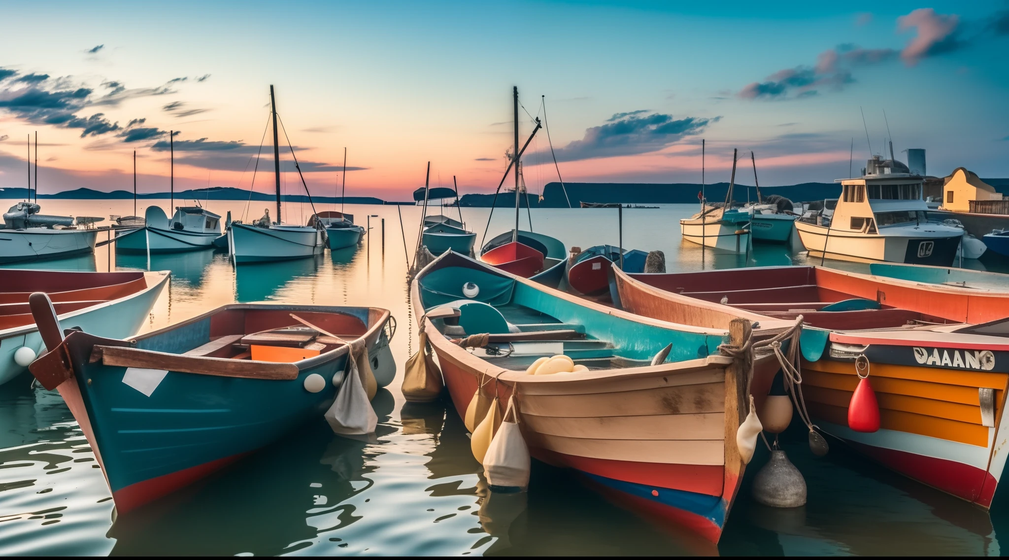 The boats are moored in the water at sunset with a background of the sky, barcos de pesca, boats in the water, cena vibrante, with water and boats, Barcos, redes e barcos, cena colorida, obra de arte, fundo da cena da porta, alguns barcos, Shutterstock, vila de pescadores, Directed by: Gábor Szikszai, vibrant setting, pesqueiro, cena impressionante