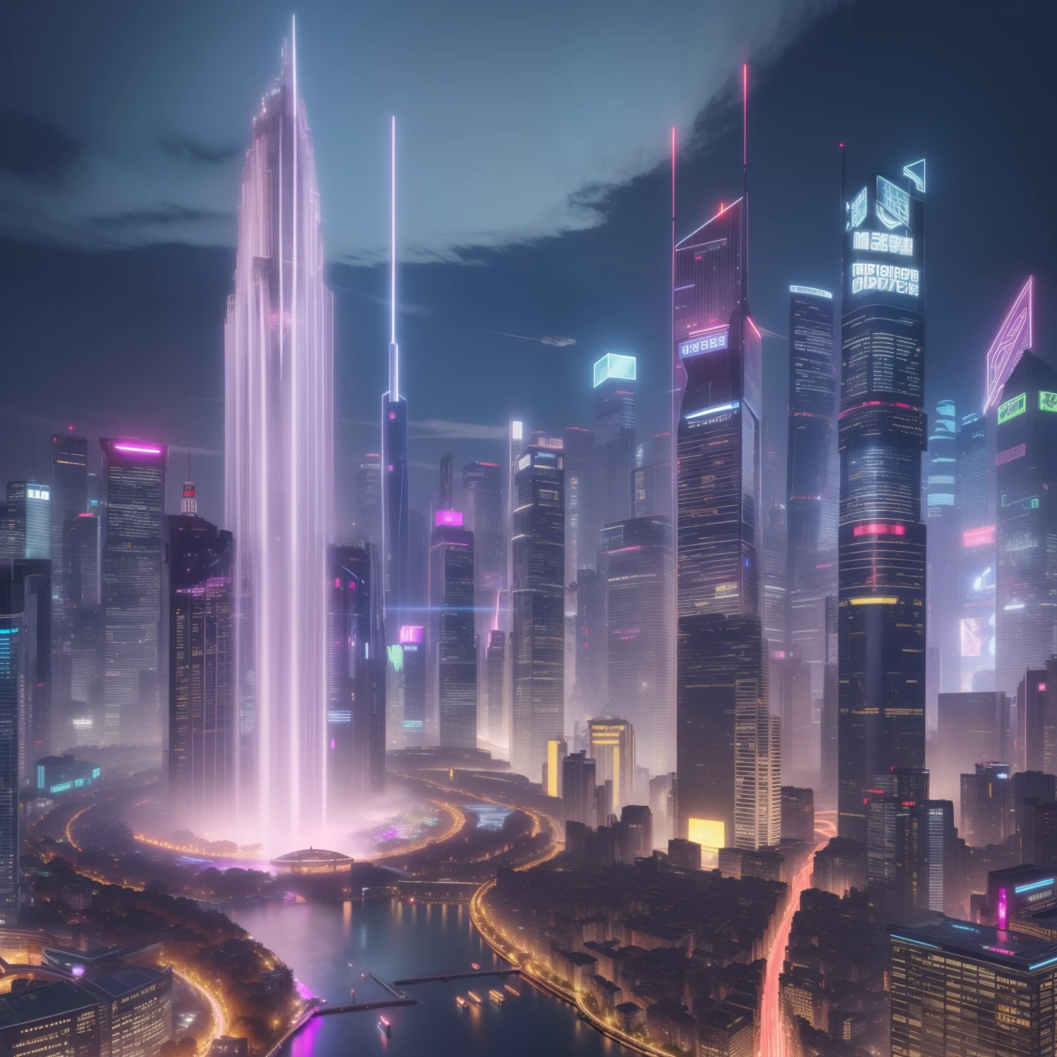 cyberpunked、futuristic cities、planet earth、A cyberpunk with skyscrapers that pierce through the clouds.ＳＦart by、Utopian City、There is a super huge waterfall、Megacities、dream、top-quality、​masterpiece、Beautiful cities of the future　Super huge castle　nighttime scene　neons