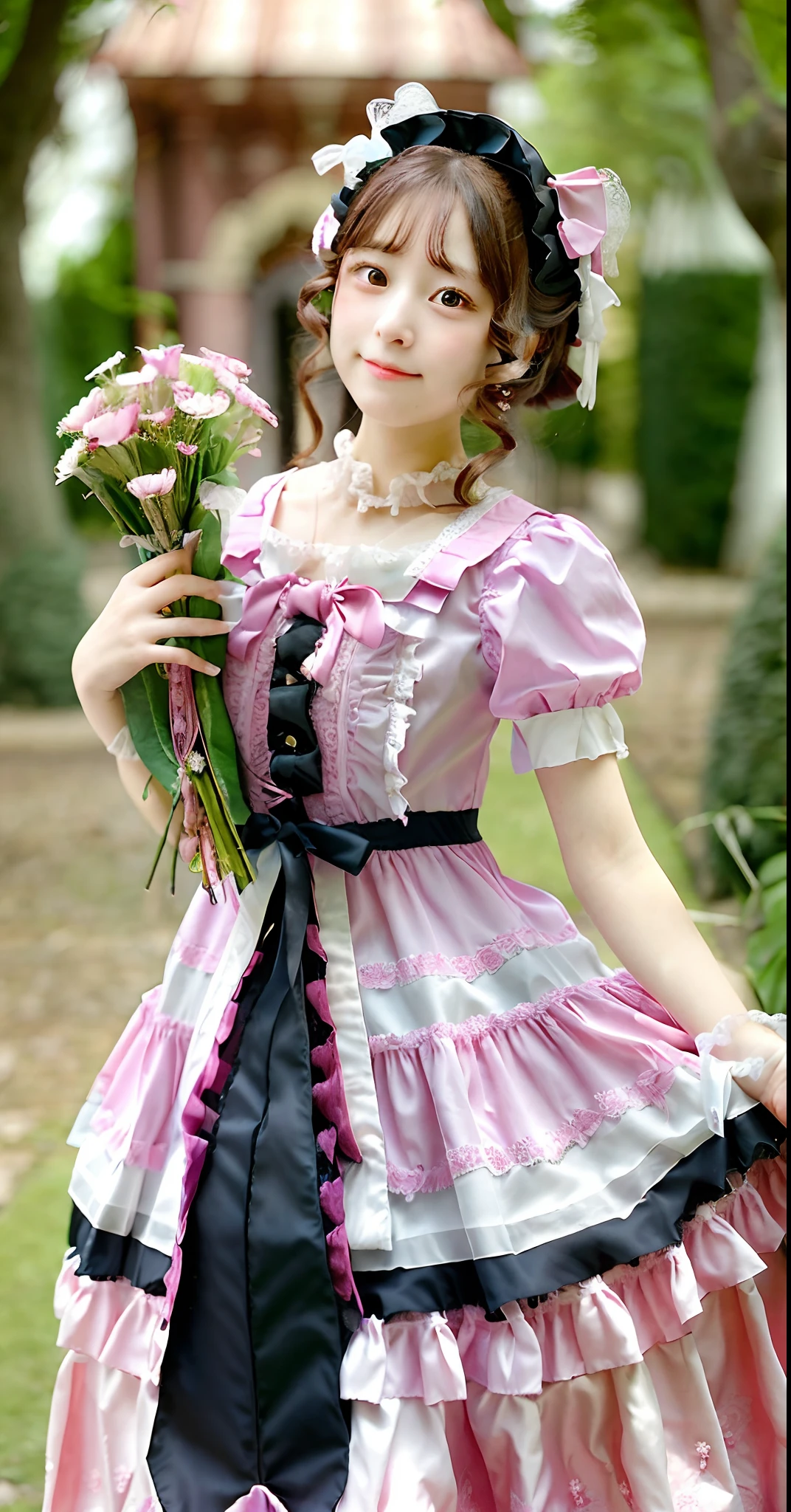 Close up portrait of woman in pink dress holding bouquet of flowers, rococo dress, loli in dress, Lolita Fashion, Lolita style, romantic dress, victorian gothic lolita fashion, fairycore, rococo ruffles dress, frilly outfit, Lori, In romantic style, victorian dress, portrait of the magical Lolita girl, dreamy style, Belle Delphine