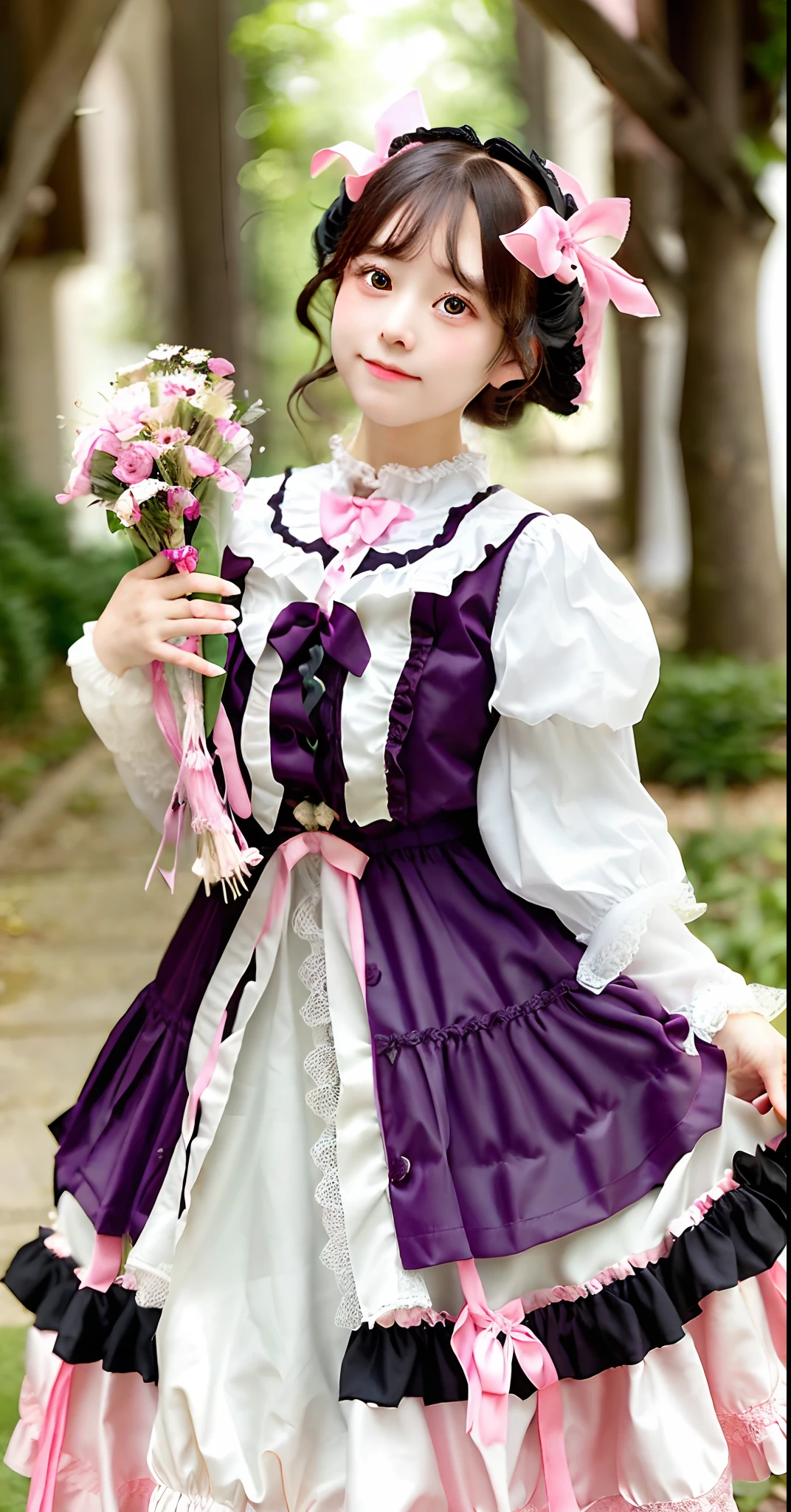 Close up portrait of woman in pink dress holding bouquet of flowers, rococo dress, in dress, Loliashion, Lolita s, romantic dress, victorian gothic lolita fashifairycore, rococo ruffles dress, frilly outfit, Lori, In romantic style, victorian dress, portrait of the magical Lolita girl, drestyle, Belle Delphine