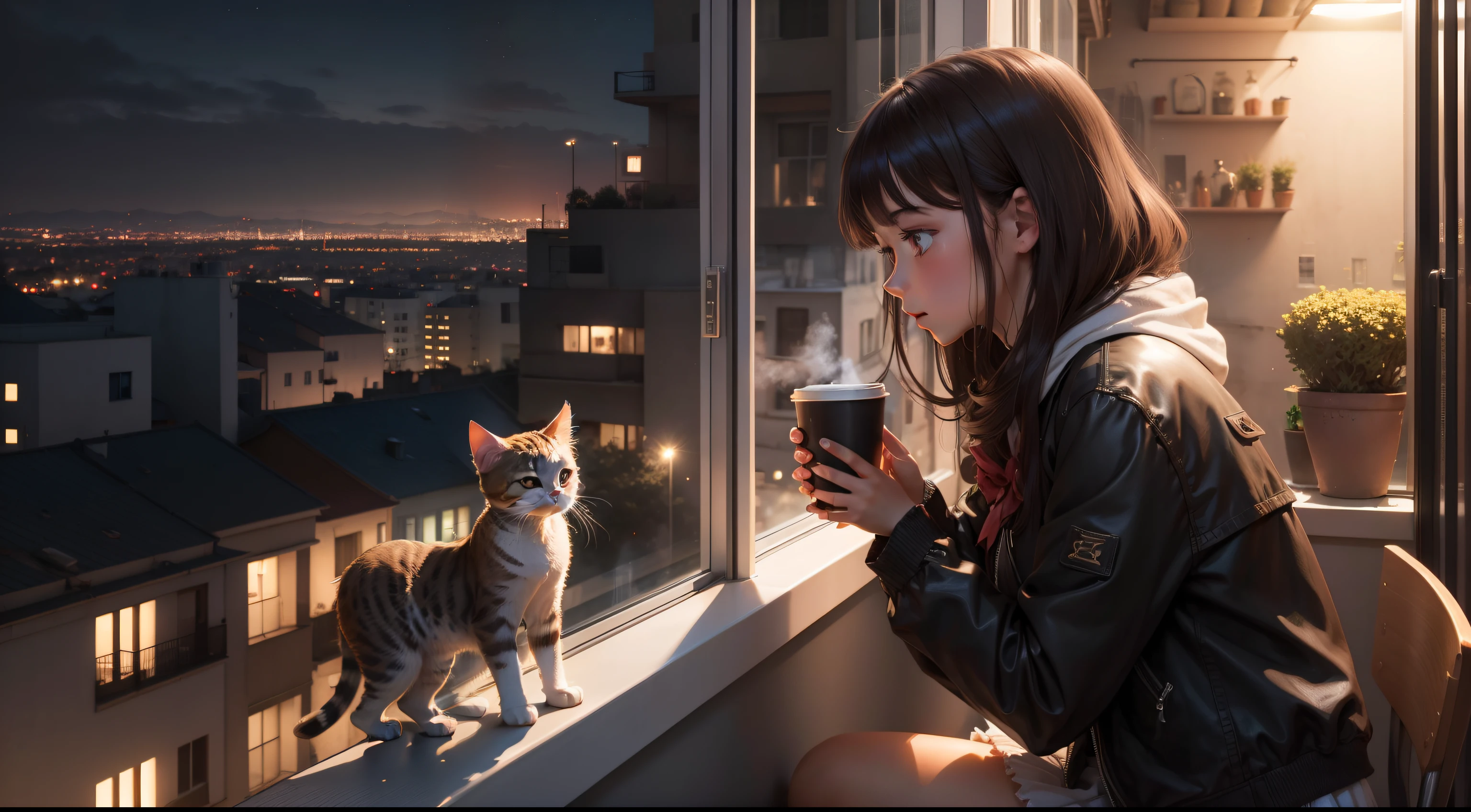 A girl setting on a balcony, city in the front, cat, coffee, speakers, flower vases, night