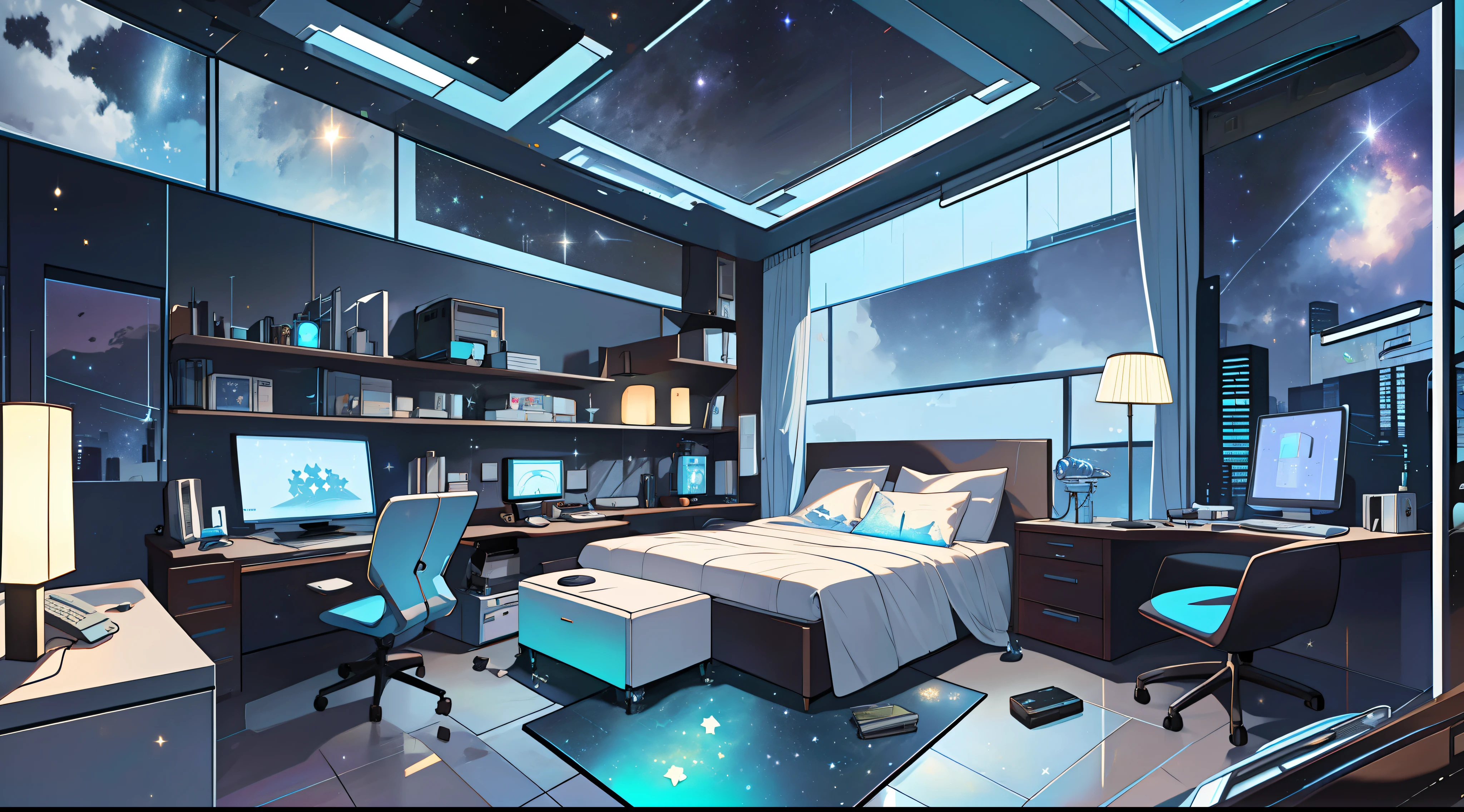 Warm Light Source Cyberpunk Calm Night Tech Bedroom Computer Desk Microphone Lamp Computer Water Dispenser Small Fluorescent Starry Sky Smooth Floor Fox Minimalism Deconstructivism Fragmentation Gorgeous Sculptures Floor-to-ceiling windows Light Bed Camera Chair Game Interface