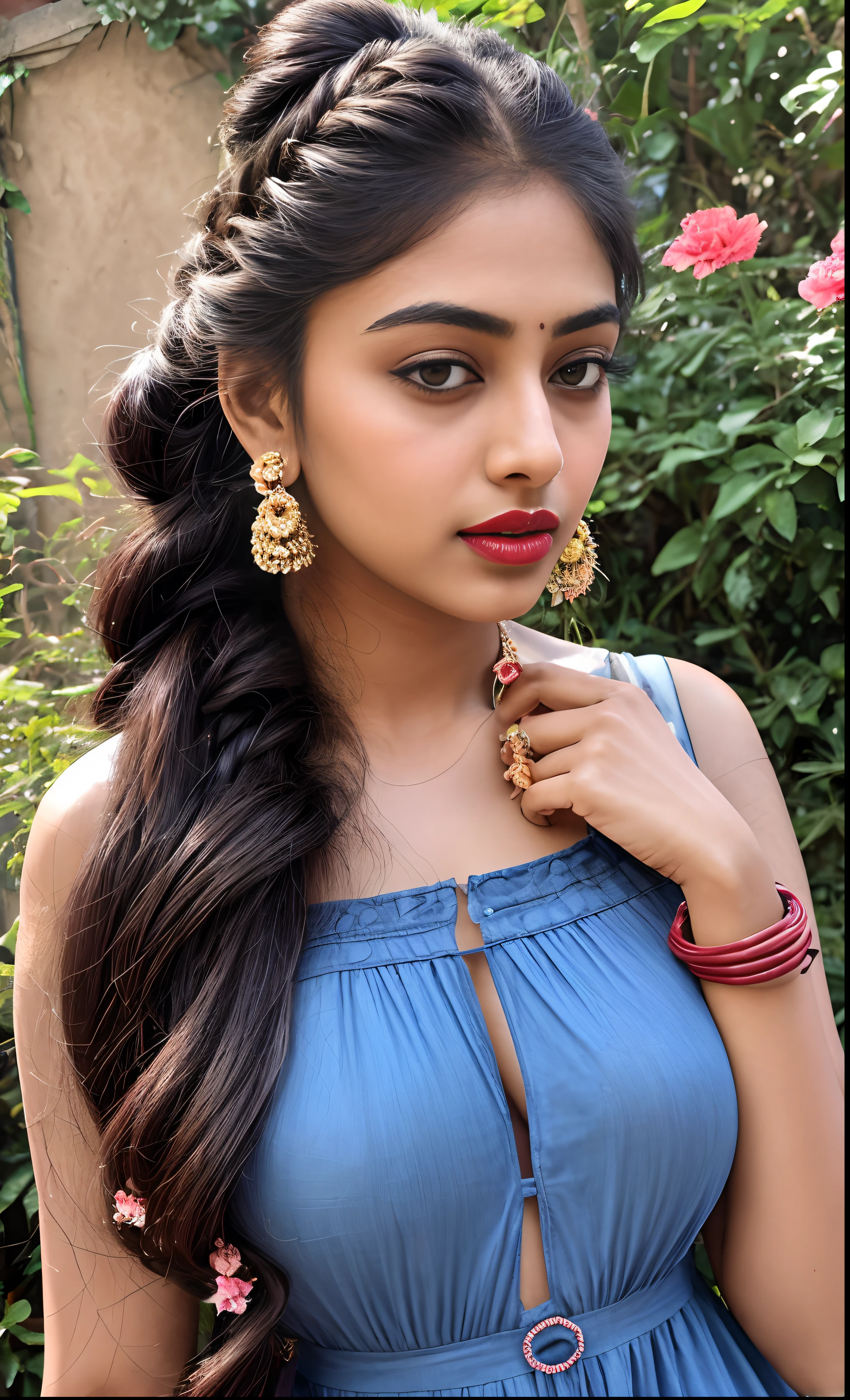 Indian female model janvi kapoor, look at viewer, French braid hair , flower Halter Dress, cleavage,  garden landscape design, (rim light), dark red lips, big natural lips