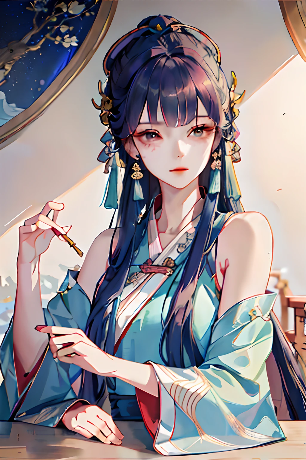 Anime girl with long hair and blue dress sitting at table, Palace , A girl in Hanfu, Beautiful character painting, a beautiful anime portrait, Detailed digital anime art, Beautiful anime girl, Digital anime illustration, Beautiful anime style, style of anime4 K, cute anime waifu in a nice dress, Beautiful anime woman, attractive anime girls, beautiful anime art style