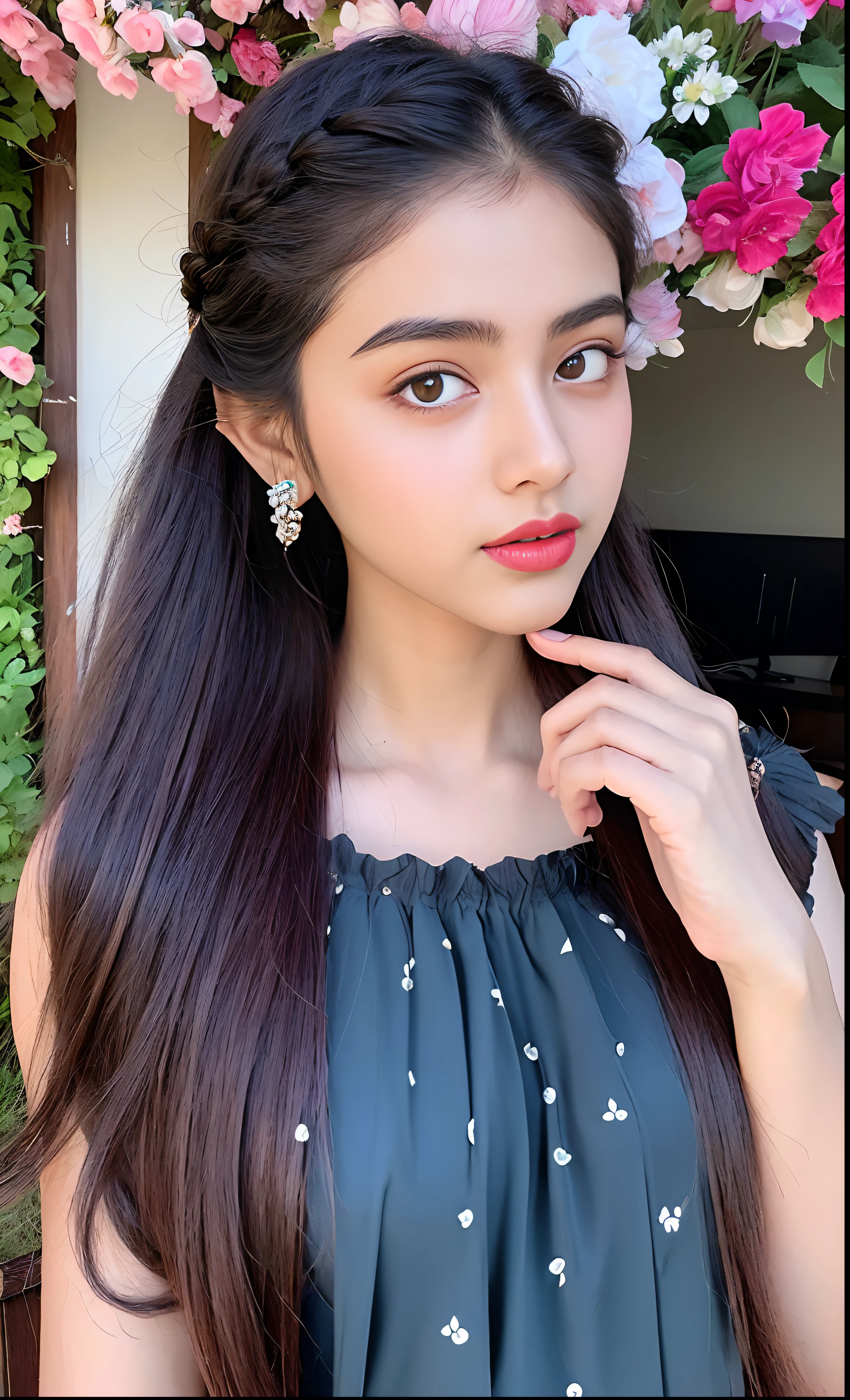 Indian female model janvi kapoor, look at viewer, French braid hair , flower Halter Dress, cleavage, garden landscape design, (rim light), dark red lips, big natural lips