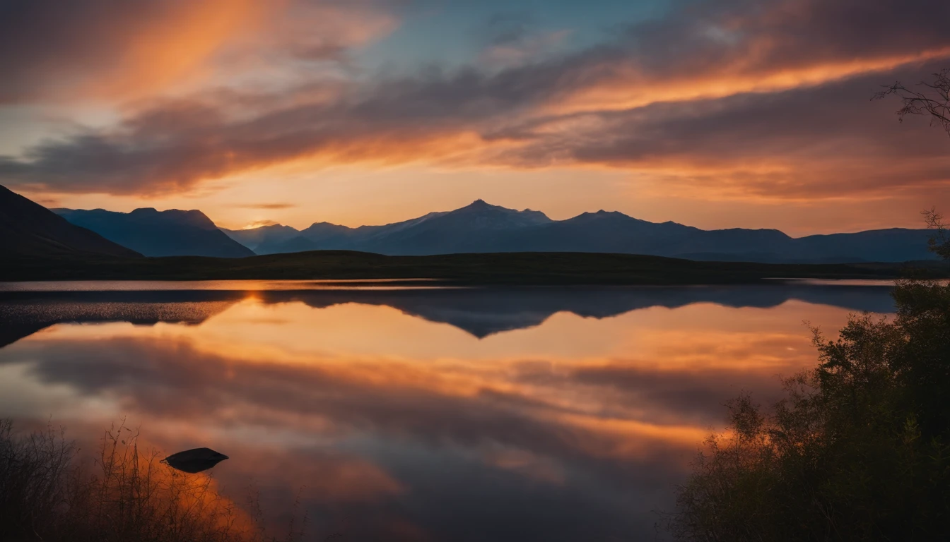 Majestic mountains at sunset with a mirrored lake at the foot and orange sky