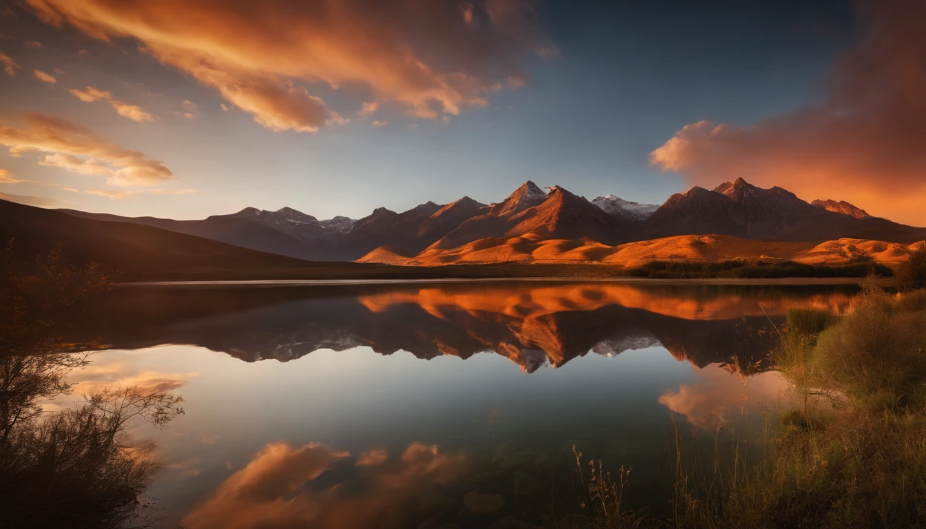 Majestic mountains at sunset with a mirrored lake at the foot and orange sky
