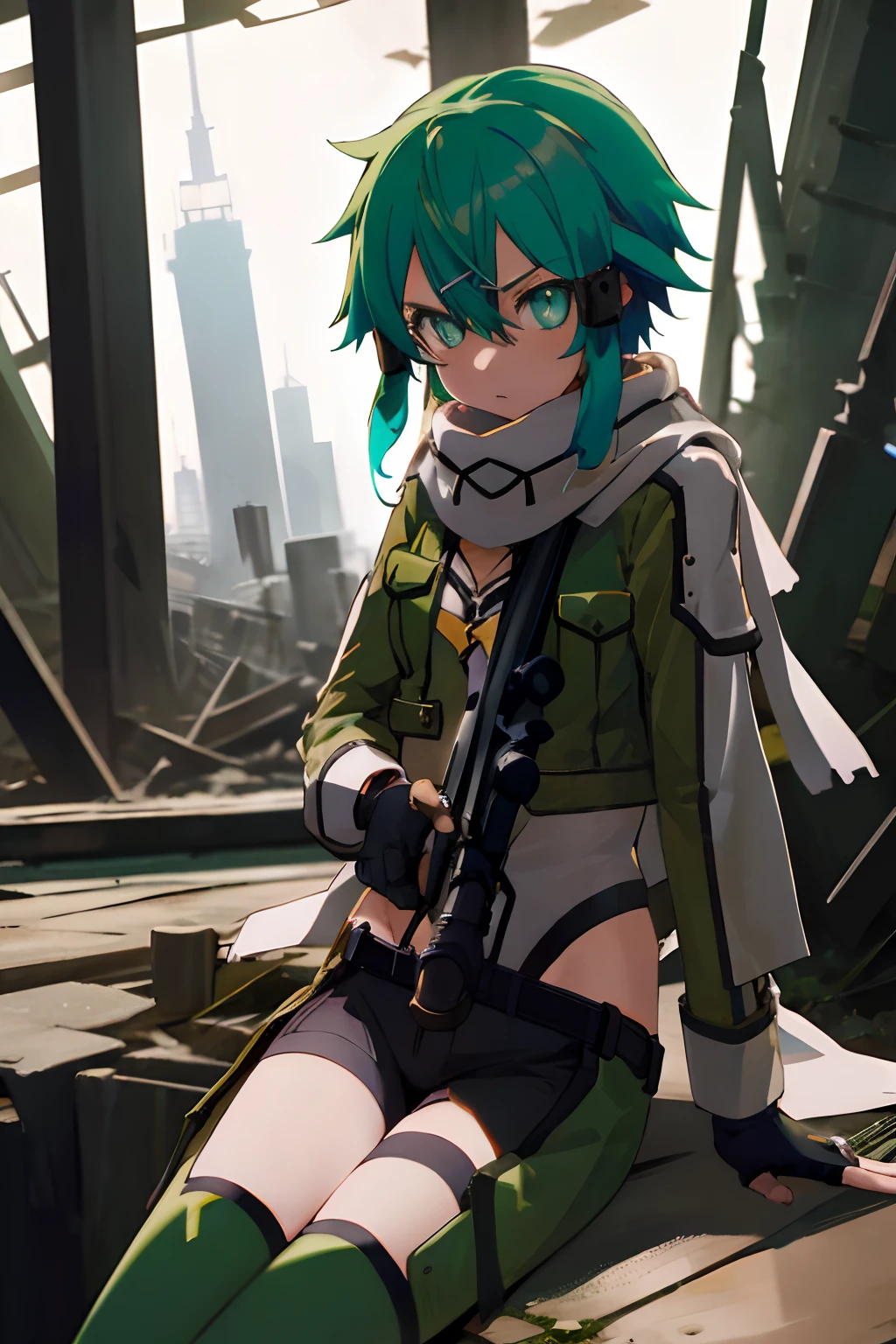 masterpiece, best quality, highres, 1girl, sinon1, scarf, fingerless gloves, long sleeves, short shorts, hair ornament, hairclip, green thighhighs, green jacket, thigh strap, cowboy shot, holding weapon, sniper rifle, ruins, sitting,