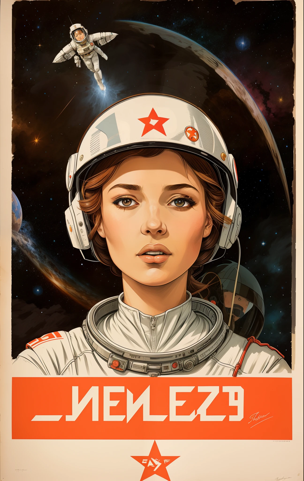 Shepherd  poster of girls wearing spacesuits，There is a star on the head，portrait anime space cadet girl，Artgerm JSC，jen bartel，Space Girl，soviet propaganda poster style，Retrato Armored Astronauta Menina，soviet propaganda art，Soviet propaganda style，Soviet propaganda，Guviz-style artwork，Sergey Zabelin，The astronaut