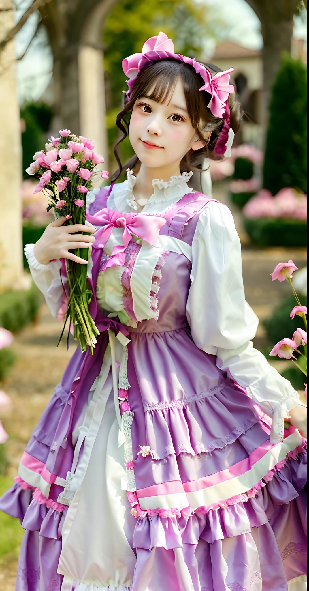 Close up portrait of woman in pink dress holding bouquet of flowers, rococo dress, loli in dress, Lolita Fashion, Lolita style, romantic dress, victorian gothic lolita fashion, fairycore, rococo ruffles dress, frilly outfit, Lori, In romantic style, victorian dress, portrait of the magical Lolita girl, dreamy style, Belle Delphine