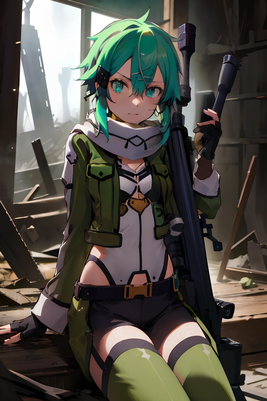 masterpiece, best quality, highres, 1girl, sinon1, scarf, fingerless gloves, long sleeves, short shorts, hair ornament, hairclip, green thighhighs, green jacket, thigh strap, cowboy shot, holding weapon, sniper rifle, ruins, sitting,