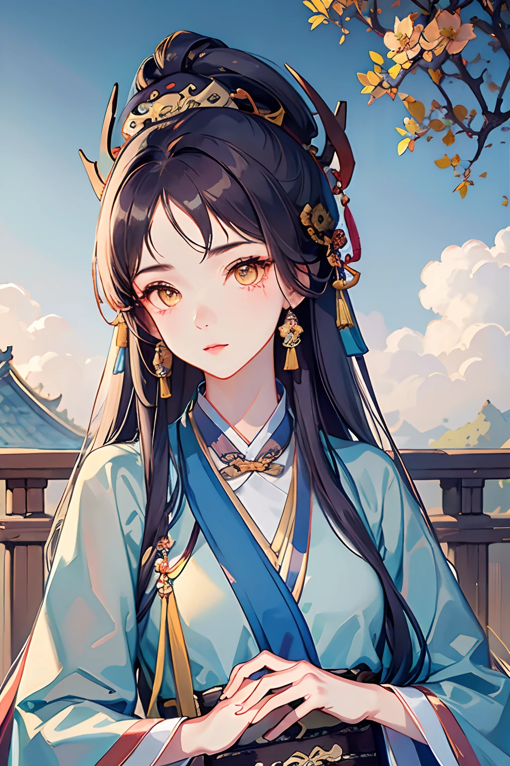 Masterpiece, Professional lighting, photon maping, Radio City, Physically-based rendering,1girll, full bodyesbian,absurderes, A high resolution, skylines, Beautiful detailed sky, Covered ,(Hanfu, Ming style),Yellow eyes,barechested